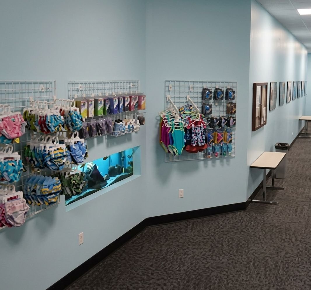 Swim gear, goggles, swim diapers, caps, swim suits and accessories for sale at Sutton Swim School's pro shop