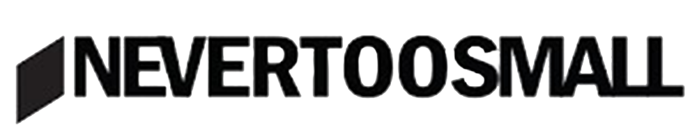 Black and white logo for publication Never Too Small.