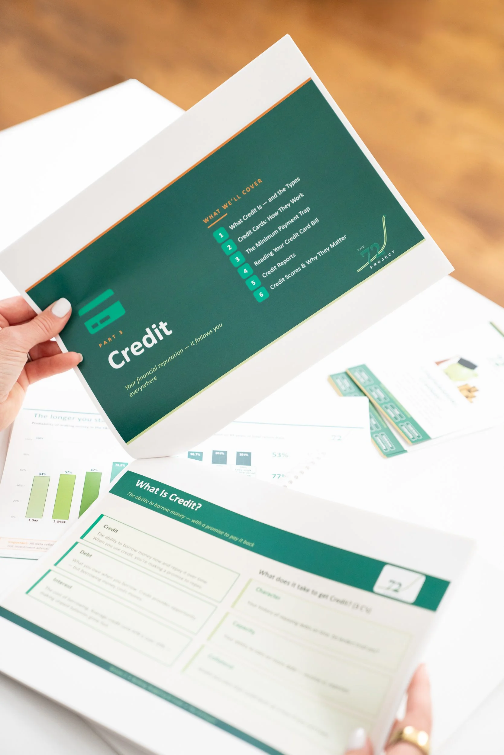A hand holding the printed Credit session guide above other 72 Project handouts spread across a desk.