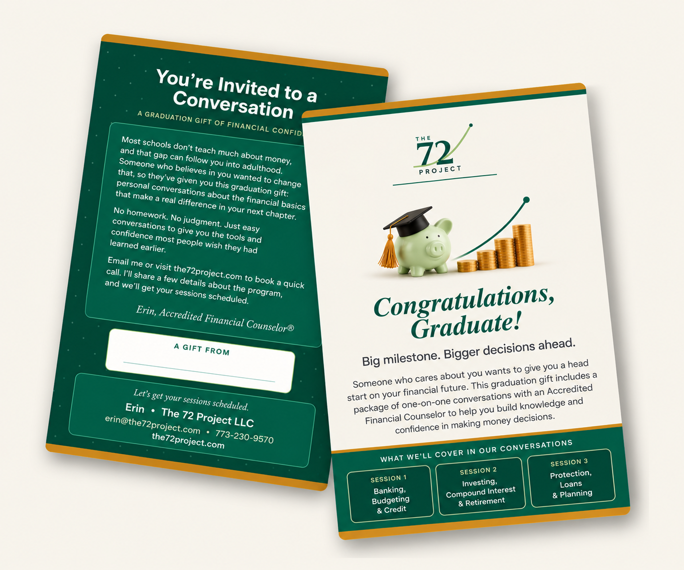 The 72 Project graduation gift card, front and back, offering a new graduate three one-on-one financial conversations covering banking and credit, investing and compound interest, and protection and planning.