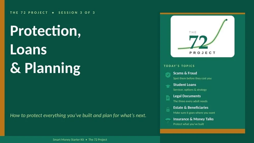 Session 3: Protection, loans and planning. Insurance and protecting what you build, student loans and managing debt, and a plan for what comes next.
