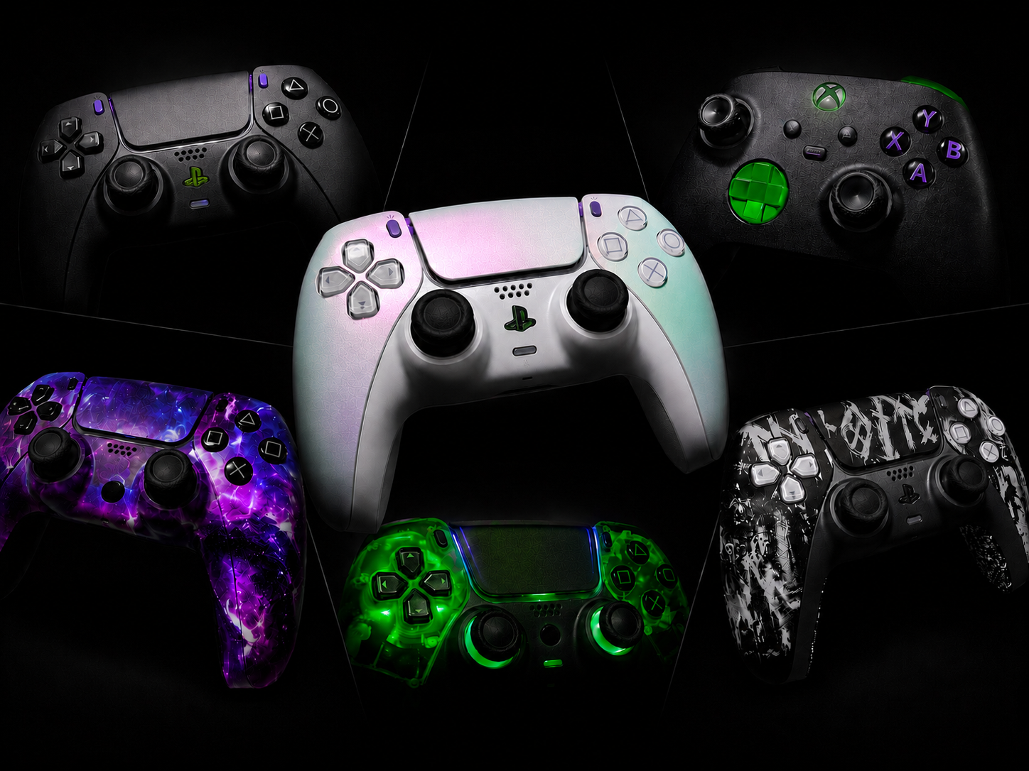 Collection of seven PlayStation and Xbox controllers with various designs and colors against a black background.