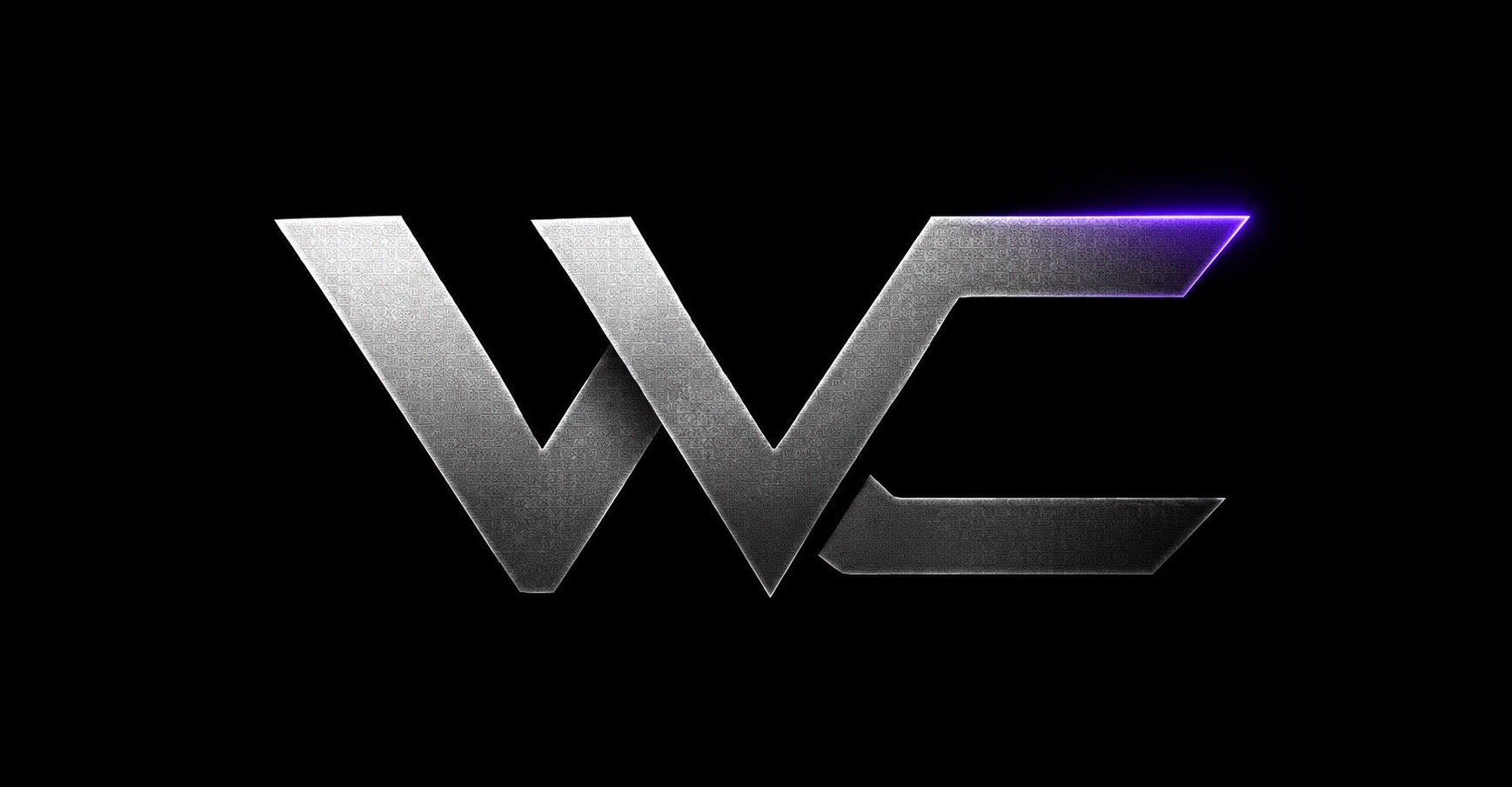 Stylized metallic 'WE' logo with purple accents on a black background.