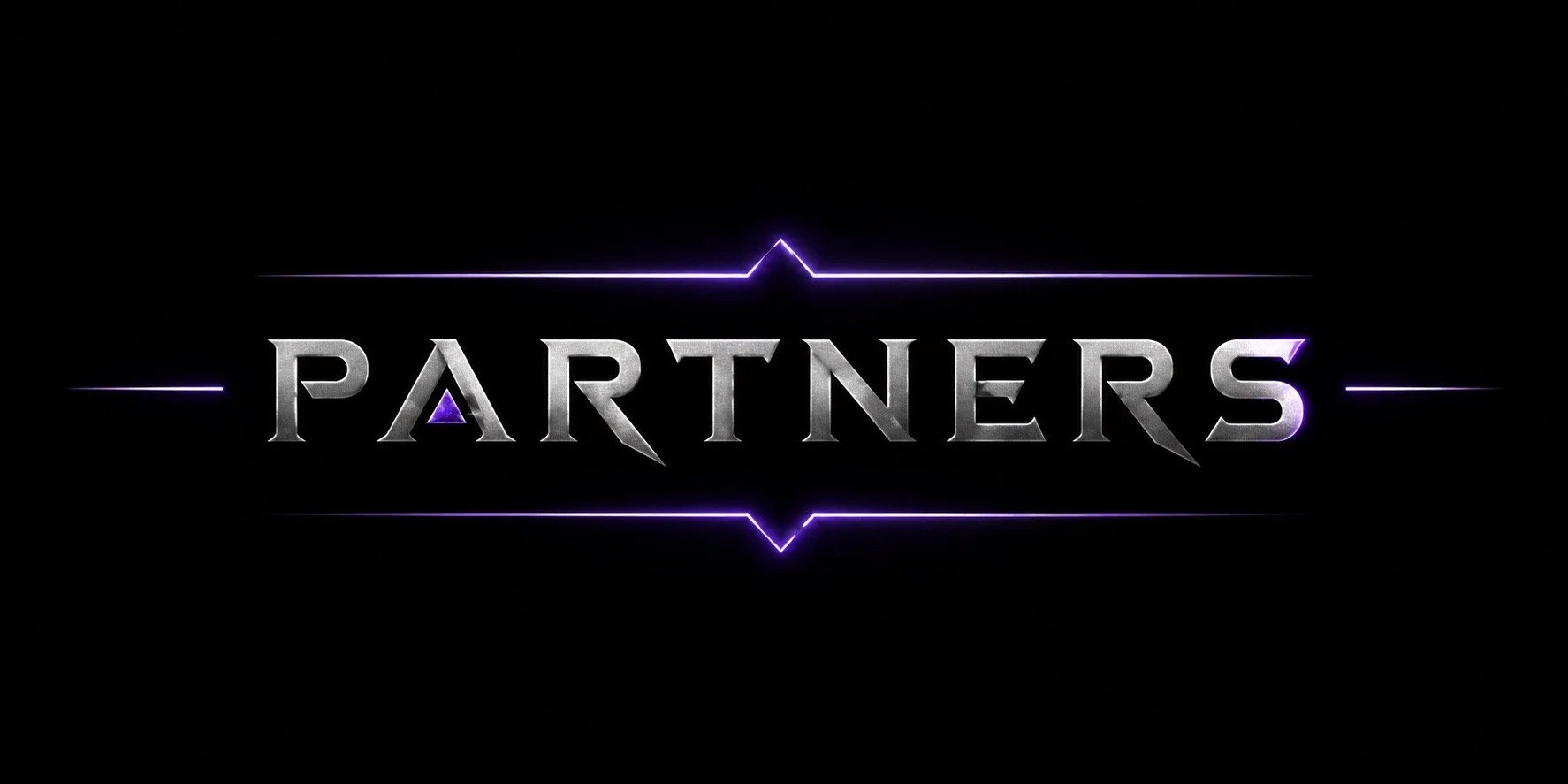 The word 'PARTNERS' in metallic silver letters with a purple triangle inside the letter 'A', surrounded by purple neon lines and a stylized purple electrocardiogram line on a black background.