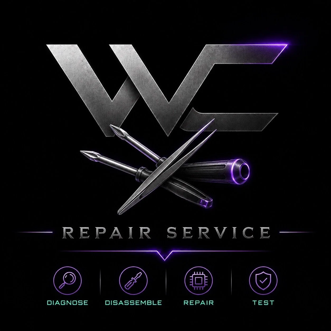 A digital graphic design featuring the West Virginia University logo, repair tools including screwdrivers, and icons representing diagnose, disassemble, repair, and test, with the words "Repair Service"