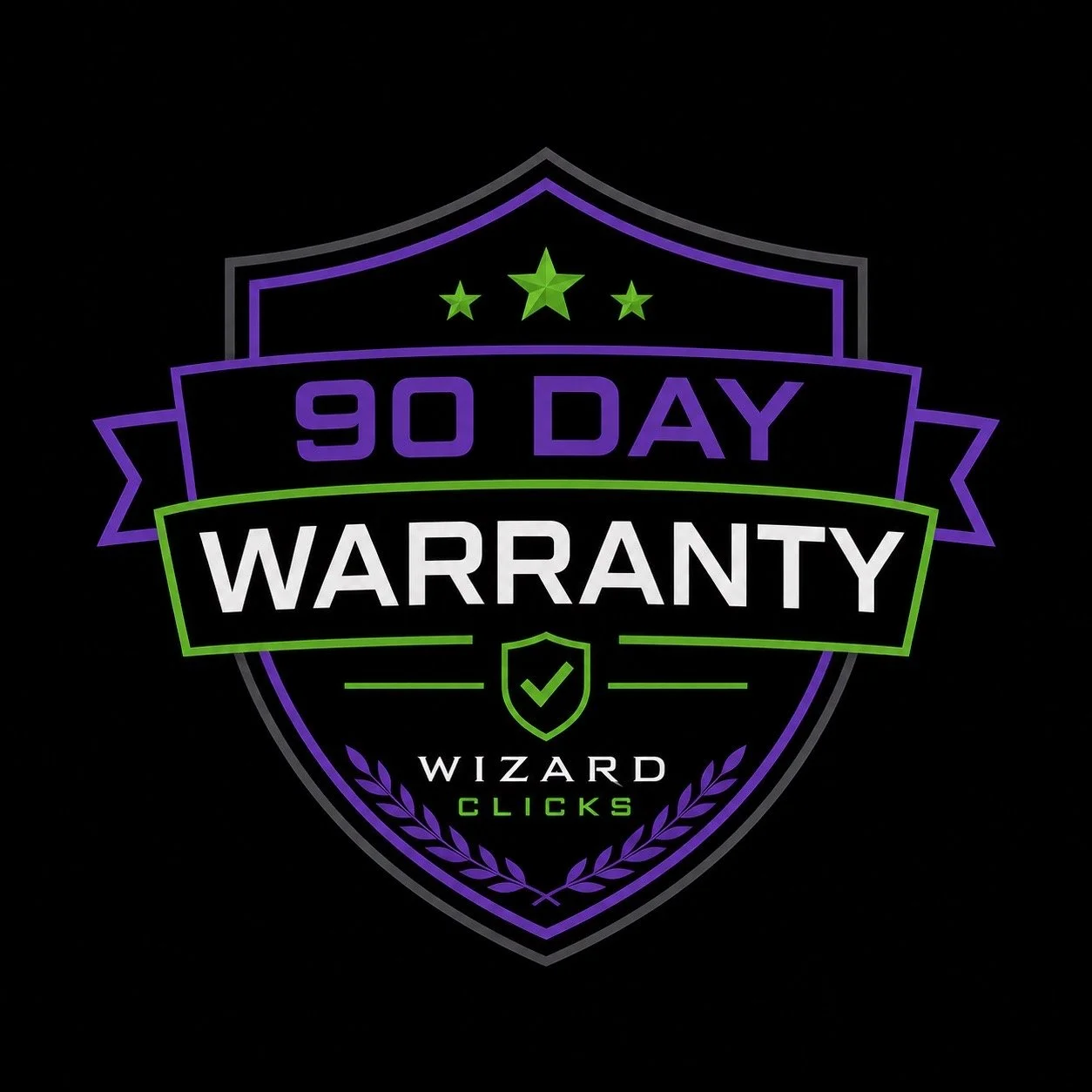 Neon badge with shield shape displaying '90 DAY WARRANTY' in purple, white, and green colors, with a small shield icon and the words 'Wizard Clicks' at the bottom.