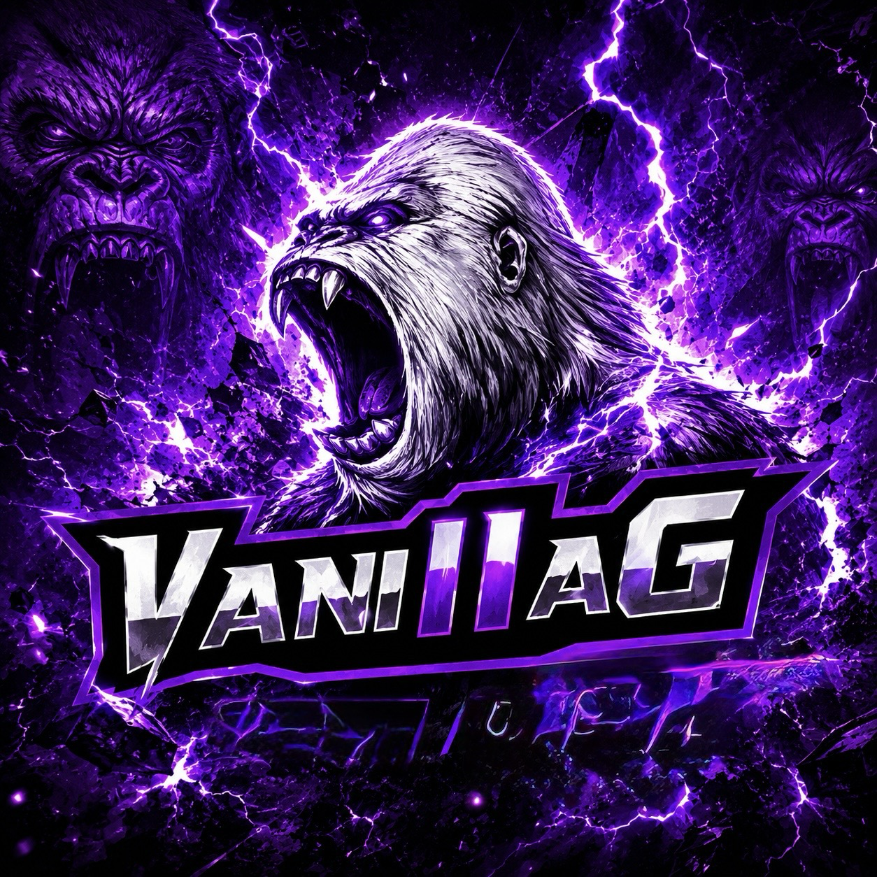 A fierce illustration of a roaring white wolf surrounded by purple lightning and dark purple clouds, with two shadowy, snarling gorilla faces in the background. The text 'VANILAG' is prominently displayed in stylized letters at the bottom.