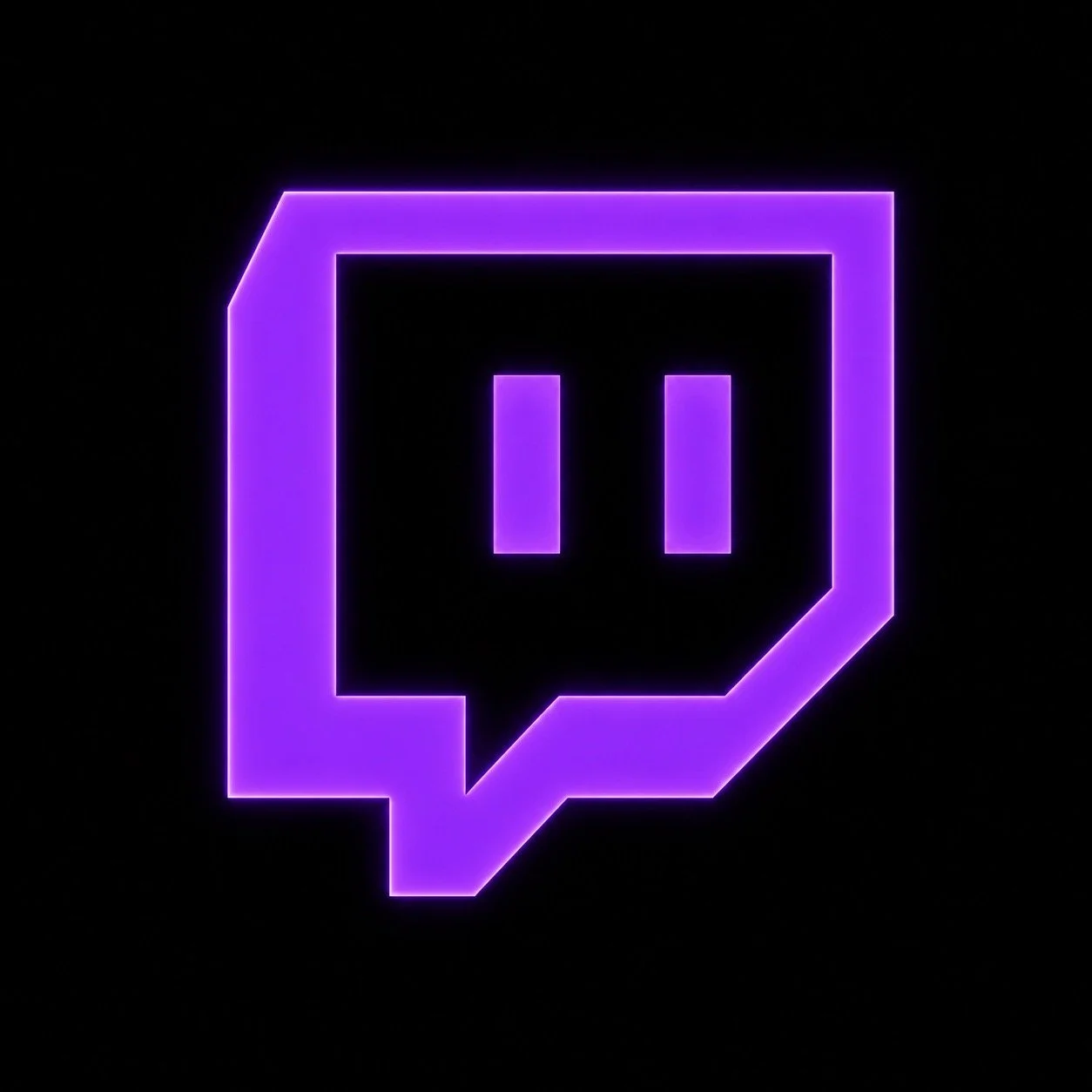 Neon purple Twitch logo in the shape of a speech bubble with two vertical lines inside, on a black background.