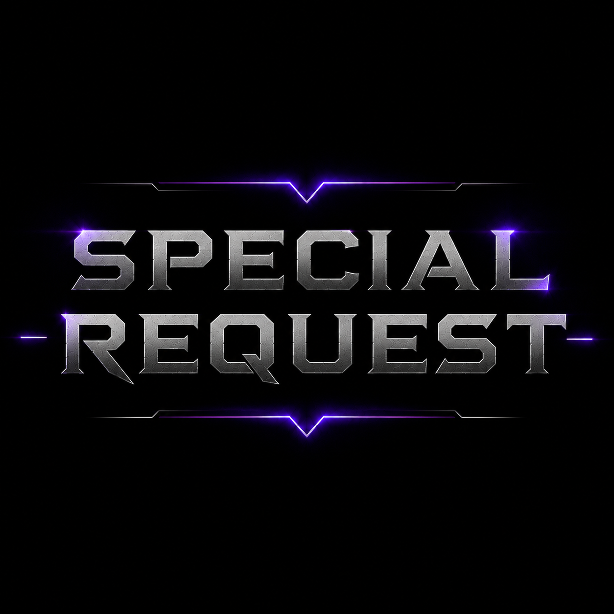 Futuristic digital text reading 'Special Request' with metallic and neon purple accents on a black background.