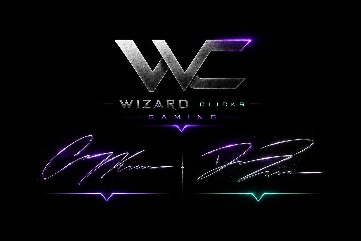 A digital graphic design featuring a black background with neon-style text and signatures. The central element is the logo 'WC' with metallic texture, accompanied by the words 'Wizard Clicks' and 'Gaming' in colorful neon fonts. Below are two glowing signatures in purple and green.