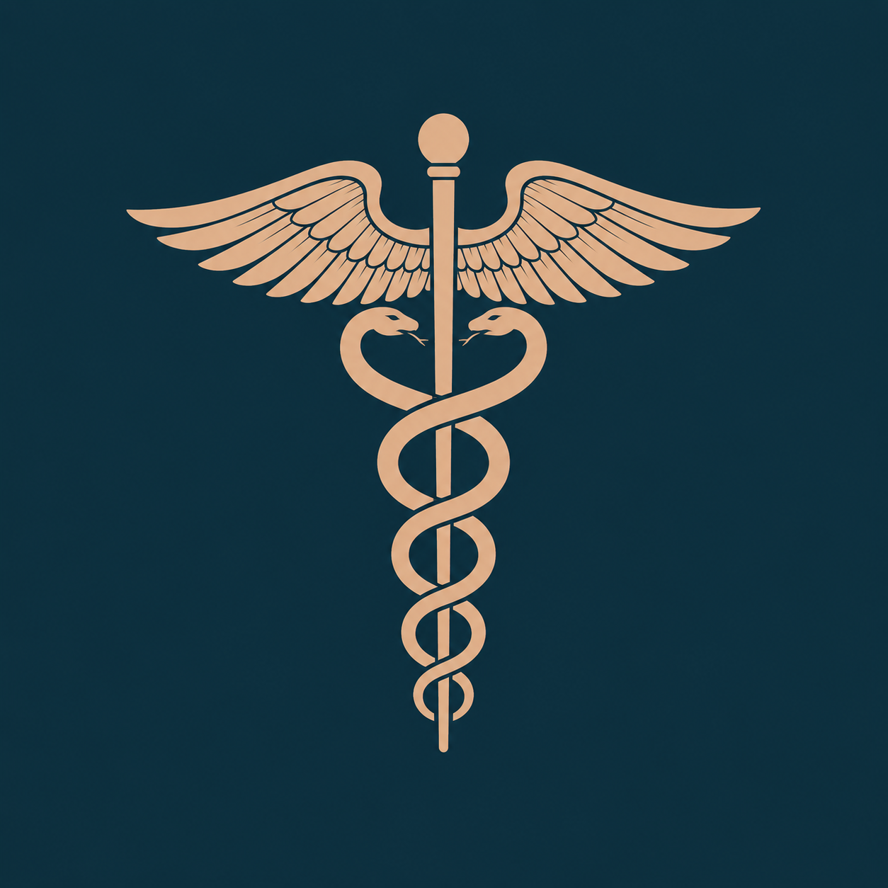 Medical caduceus symbol with two snakes intertwined around a staff, with wings at the top, on a dark background.