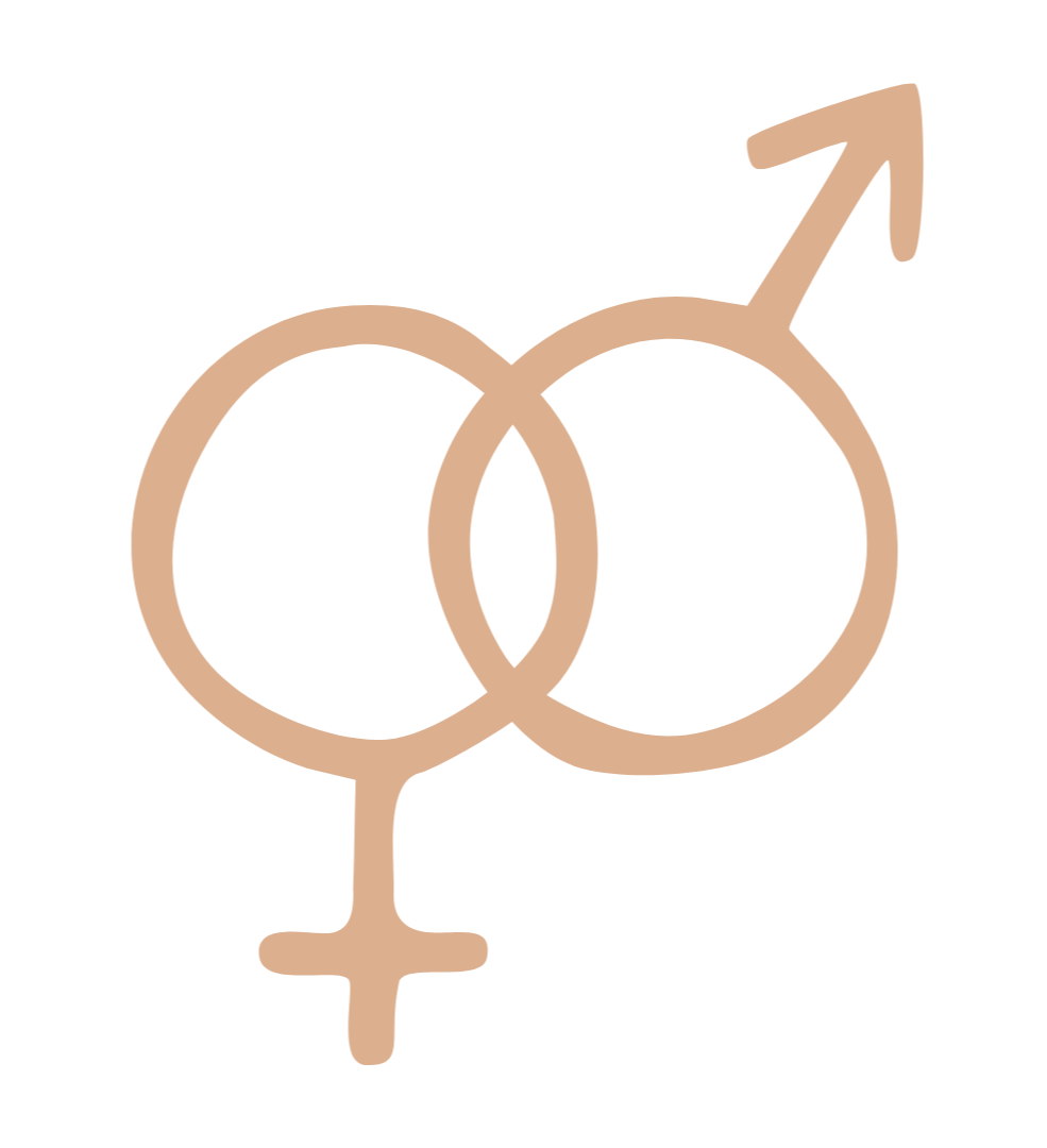 A black background with two intertwined gender symbols, one for female and one for male, in beige color.