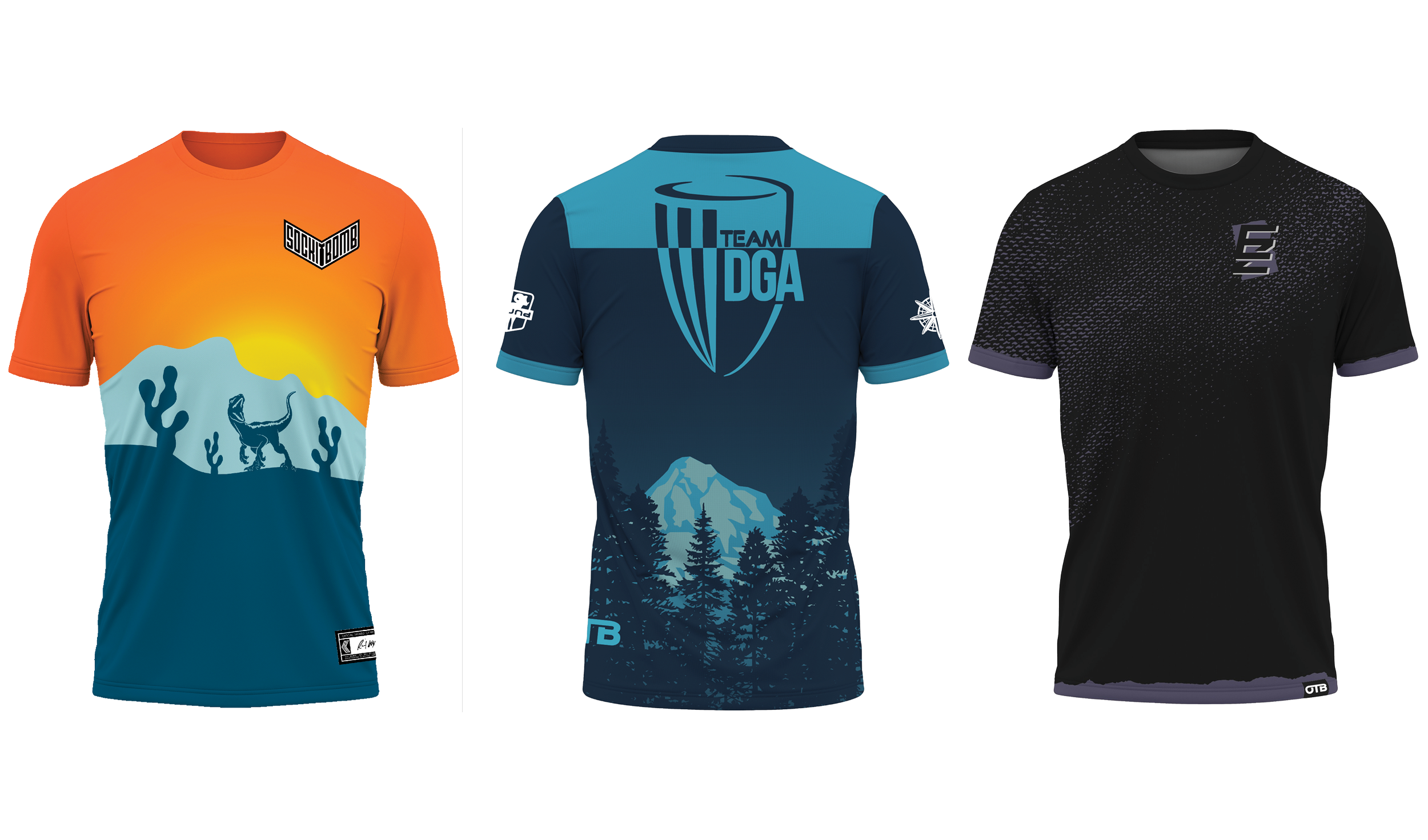 Three dye sublimated jerseys, Ricky Wysocki's "Impact" jersey, Cole Redalan's mountain jersey, and Ezra Aderhold's "Shredded" jersey
