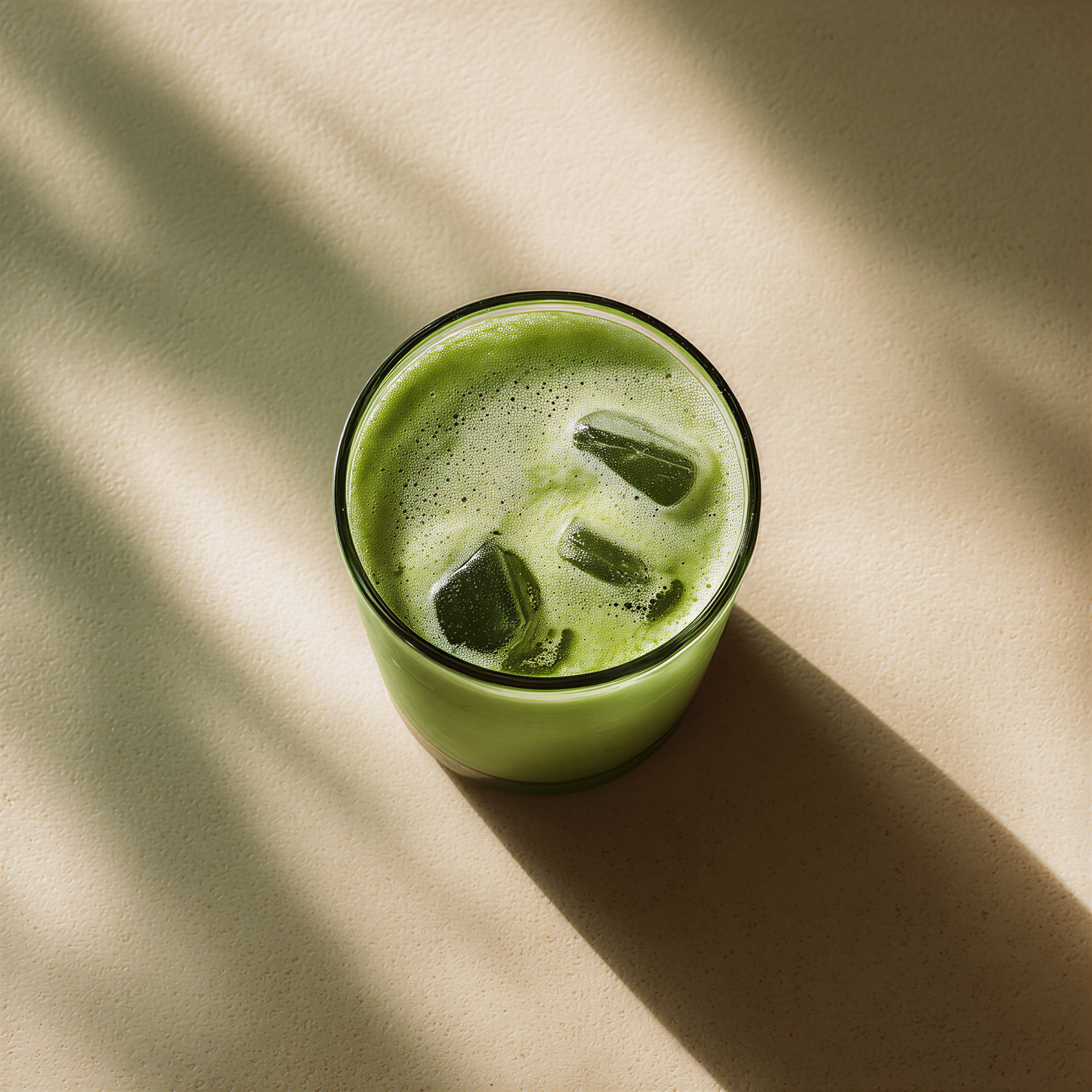 A close-up top view of a green smoothie or juice in a glass with ice cubes, on a light beige surface with soft shadows.