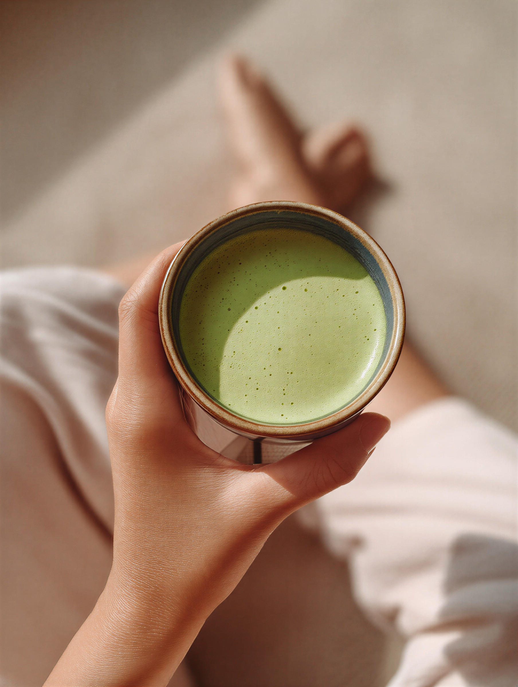 Person holding a cup of green matcha tea or latte, with their legs visible in the background.