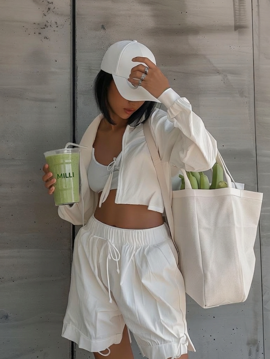 A woman dressed in all white, wearing a white cap and athletic clothing, holding a large reusable bag filled with green bananas and a green smoothie, standing against a gray wall.