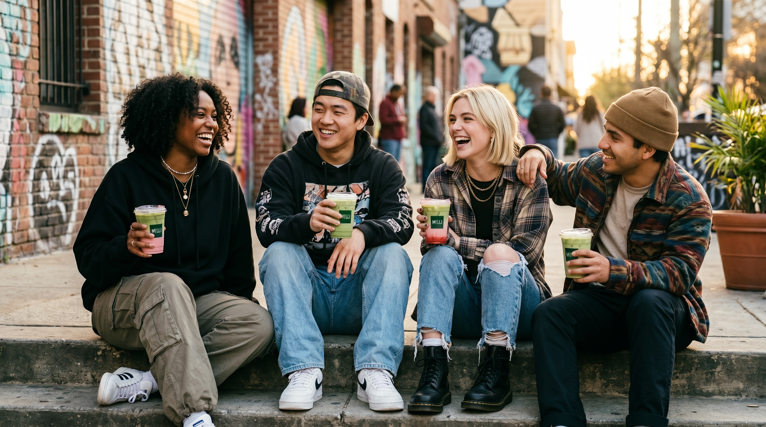 Four young friends sitting together on a sidewalk, smiling and laughing while holding colorful drinks. They are in an urban area with brick walls, murals, and other people in the background during sunset.