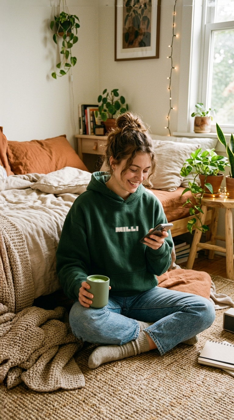 A young woman sitting cross-legged on a beige carpet, smiling while looking at her phone. She wears a green hoodie with the word 'MILLI' on it, gray jeans, and gray socks, and holds a green mug. The background features a cozy bedroom with a bed, various plants, string lights, and a window with natural light.