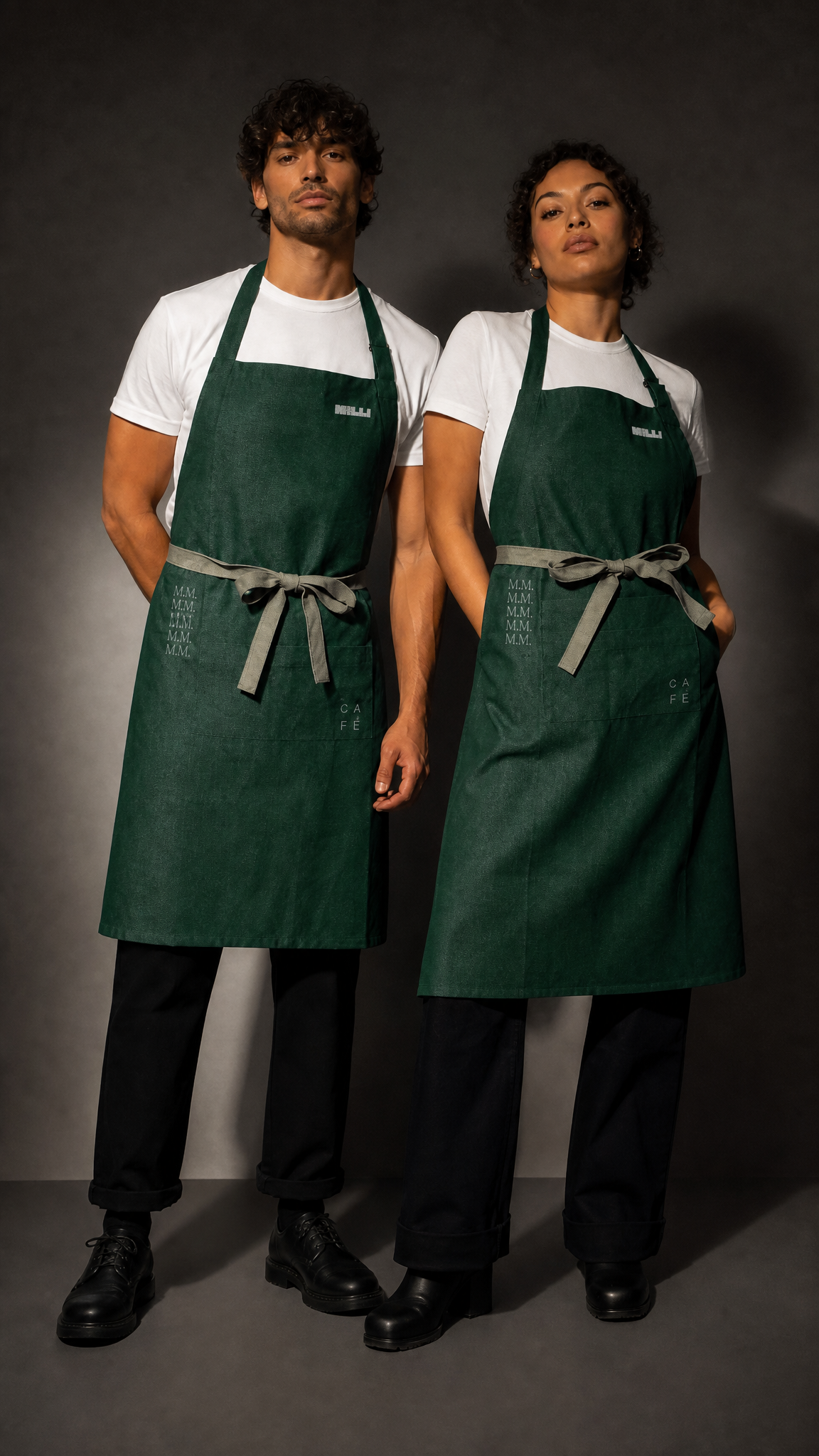 A man and a woman standing side by side wearing white t-shirts, green aprons with text, and black pants and boots against a dark background.