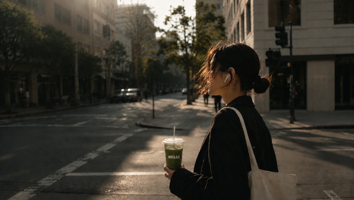 A woman with dark hair tied in a bun, wearing a black jacket and white earbuds, stands on a city street holding a green drink in a clear plastic cup with a straw. The street is sunlit with buildings, trees, and a few people and cars in the background.