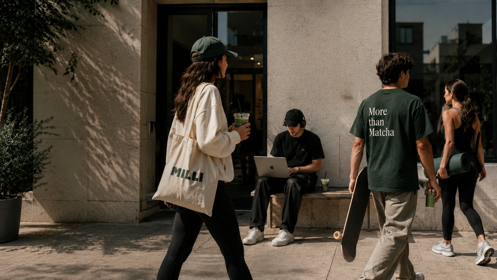 People socializing outside a modern building, one person holding a skateboard and another with a tote bag, while a man works on his laptop.