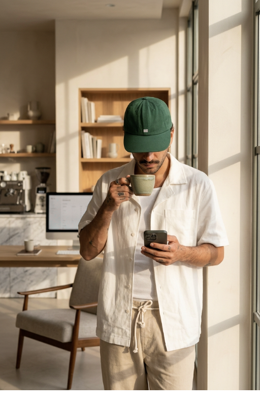 A man wearing a green cap and light-colored shirt drinking from a ceramic mug while looking at his phone in a cozy, well-lit room with large windows, a desk with a computer, and shelves with books.