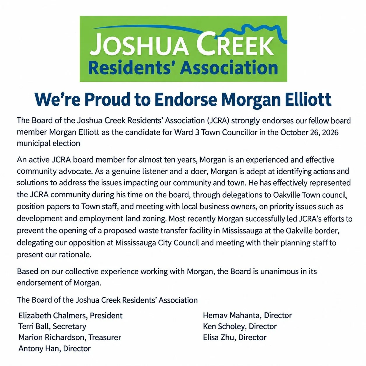 Pleased and grateful to share that the Board of the Joshua Creek Residents&rsquo; Association has unanimously endorsed me for Ward 3 Town Councillor.. 🙏

After almost ten years on the JCRA board, this one means a lot. It comes from the neighbours an