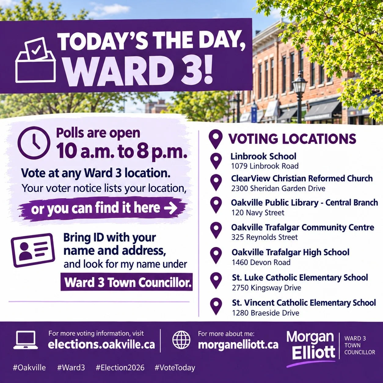 🗳️ Today&rsquo;s the day, Ward 3!

Polls are open 10 a.m. to 8 p.m. Vote at any Ward 3 location. Your voter notice lists your location, or you can find it below:

📍 Linbrook School, 1079 Linbrook Road
📍 ClearView Christian Reformed Church, 2300 Sh