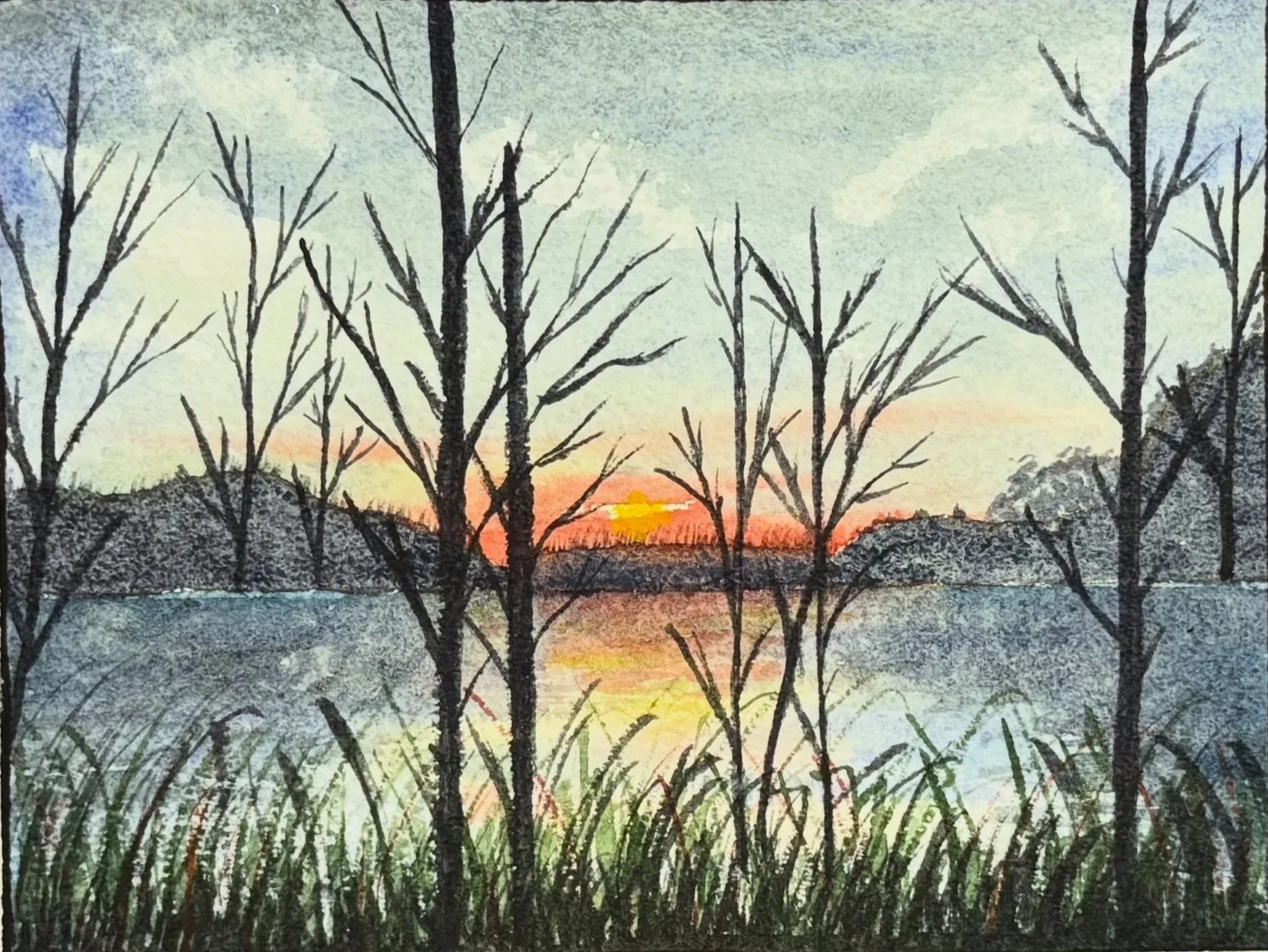 Watercolor painting of a sunset over a body of water, viewed through silhouettes of leafless trees and tall grass.
