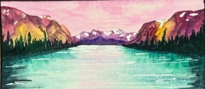A colorful watercolor painting of a mountain landscape with a river in the foreground and snow-capped peaks in the distance.