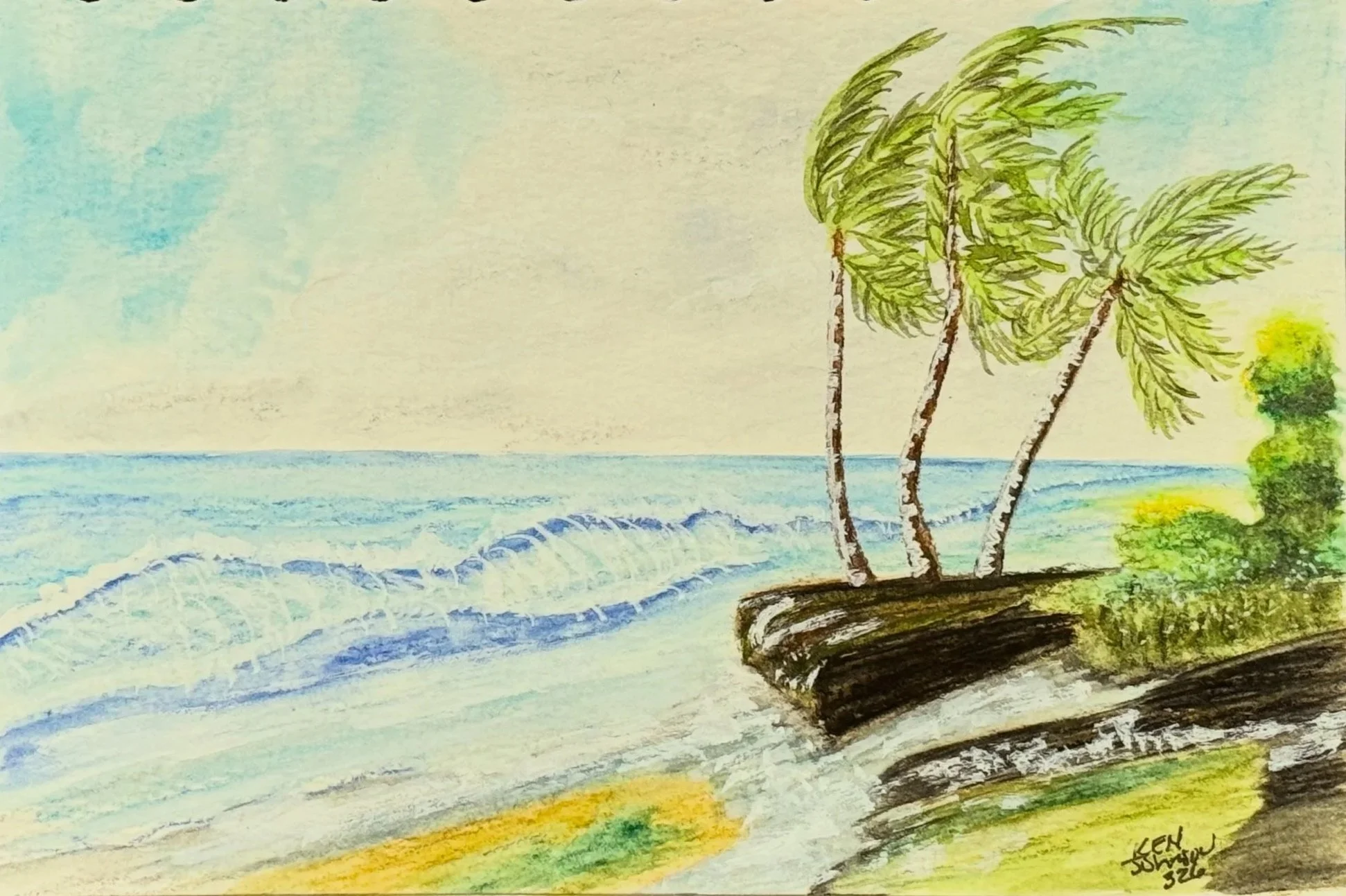 Watercolor painting of a beach scene with three palm trees on a rocky outcrop, ocean waves in the background, and a cloudy sky.