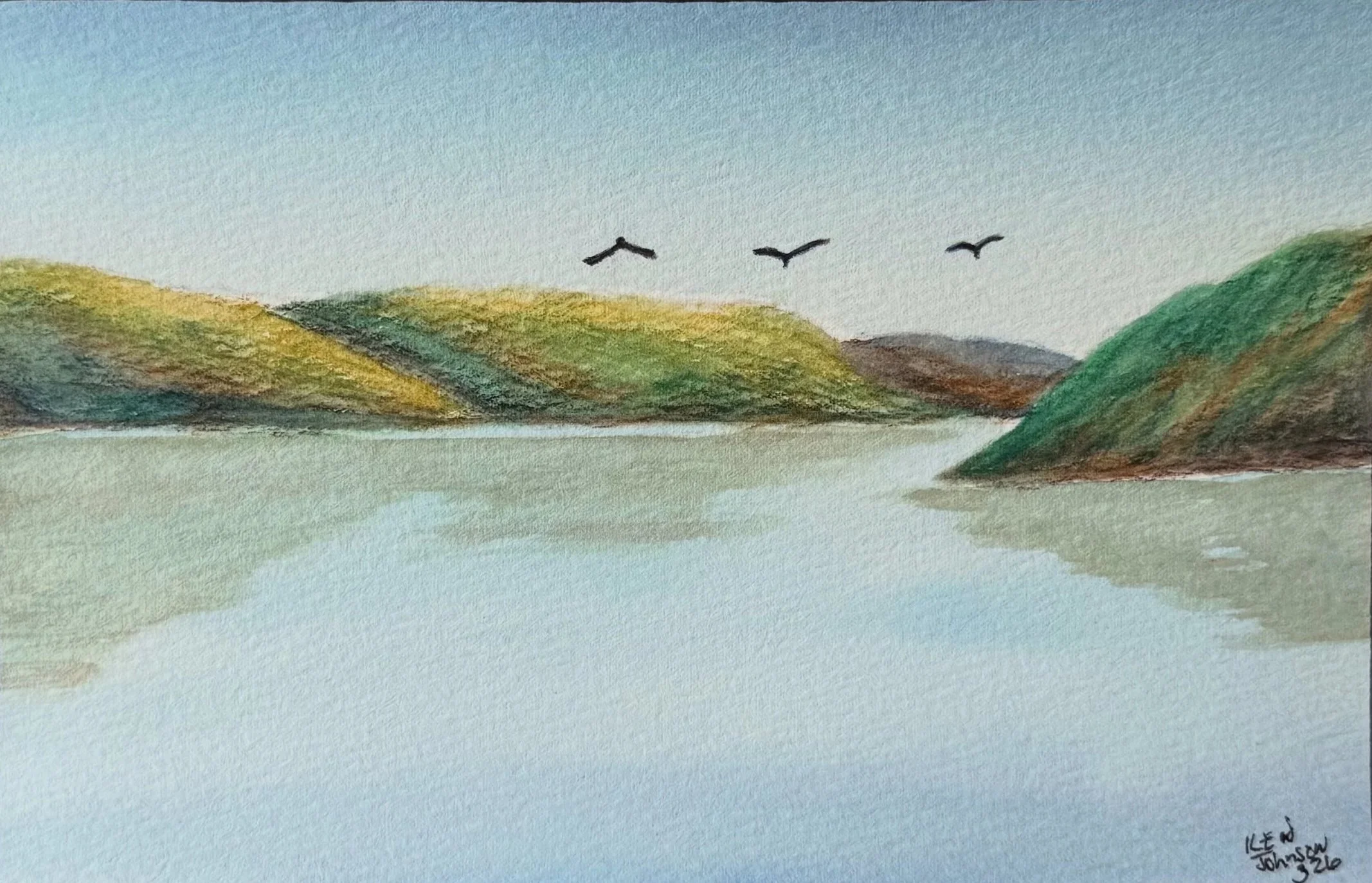 A painting of a serene lake with rolling green hills on either side and three birds flying in the sky.