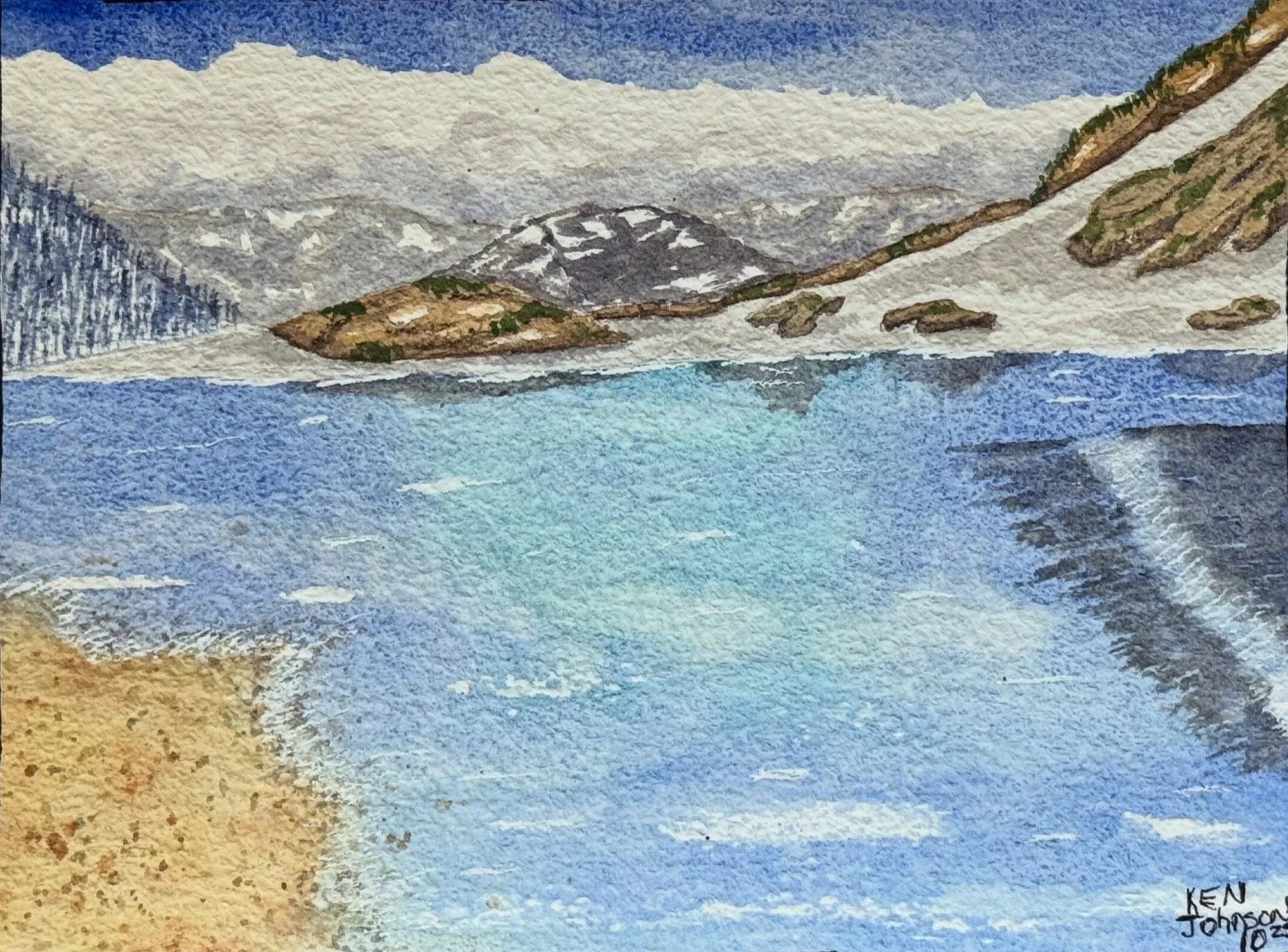 A watercolor painting of a mountain landscape with snow-capped peaks, a rocky ridge, and a body of water in the foreground.