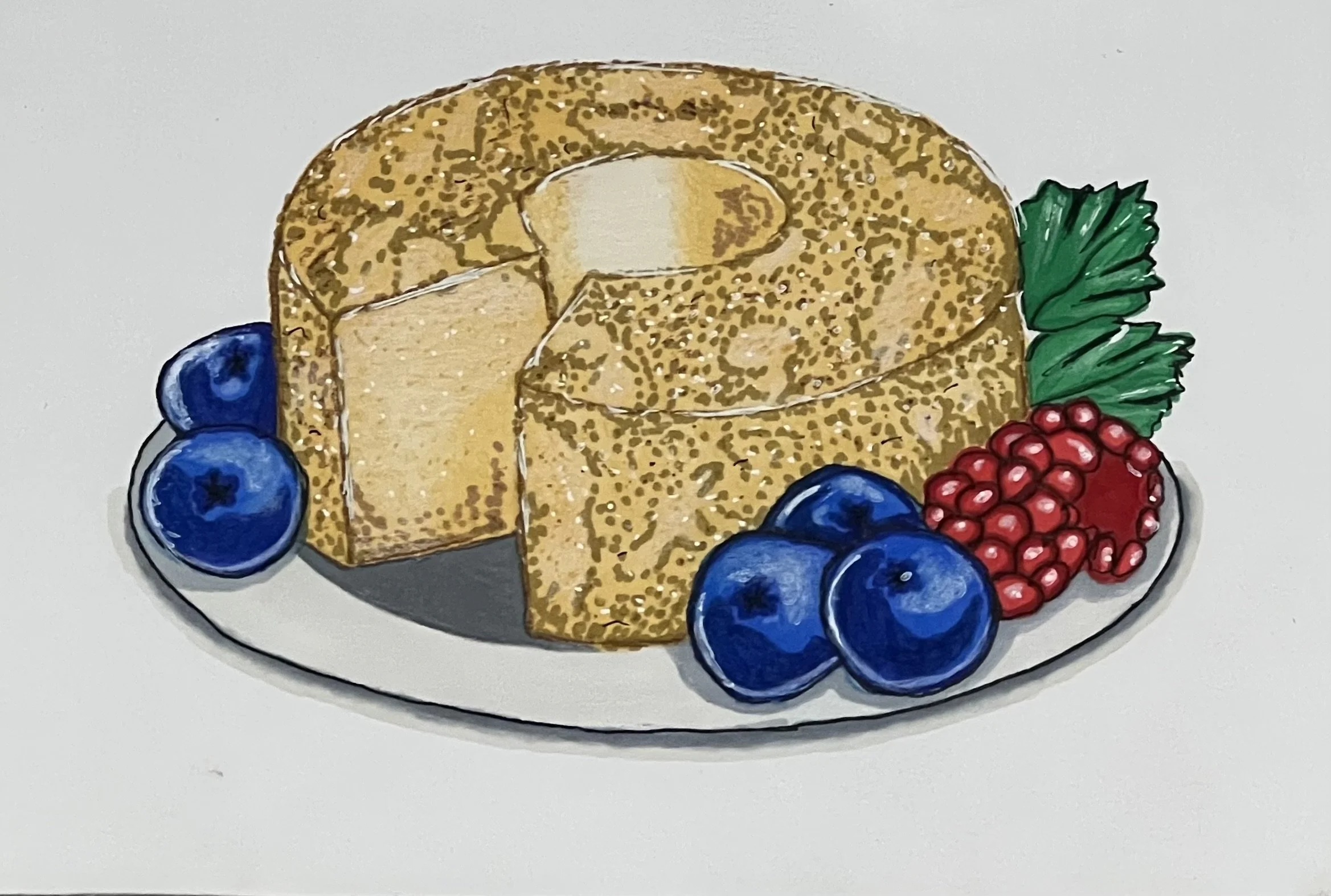 Hand-drawn illustration of a bundt cake decorated with berries and a green leaf on a white plate.