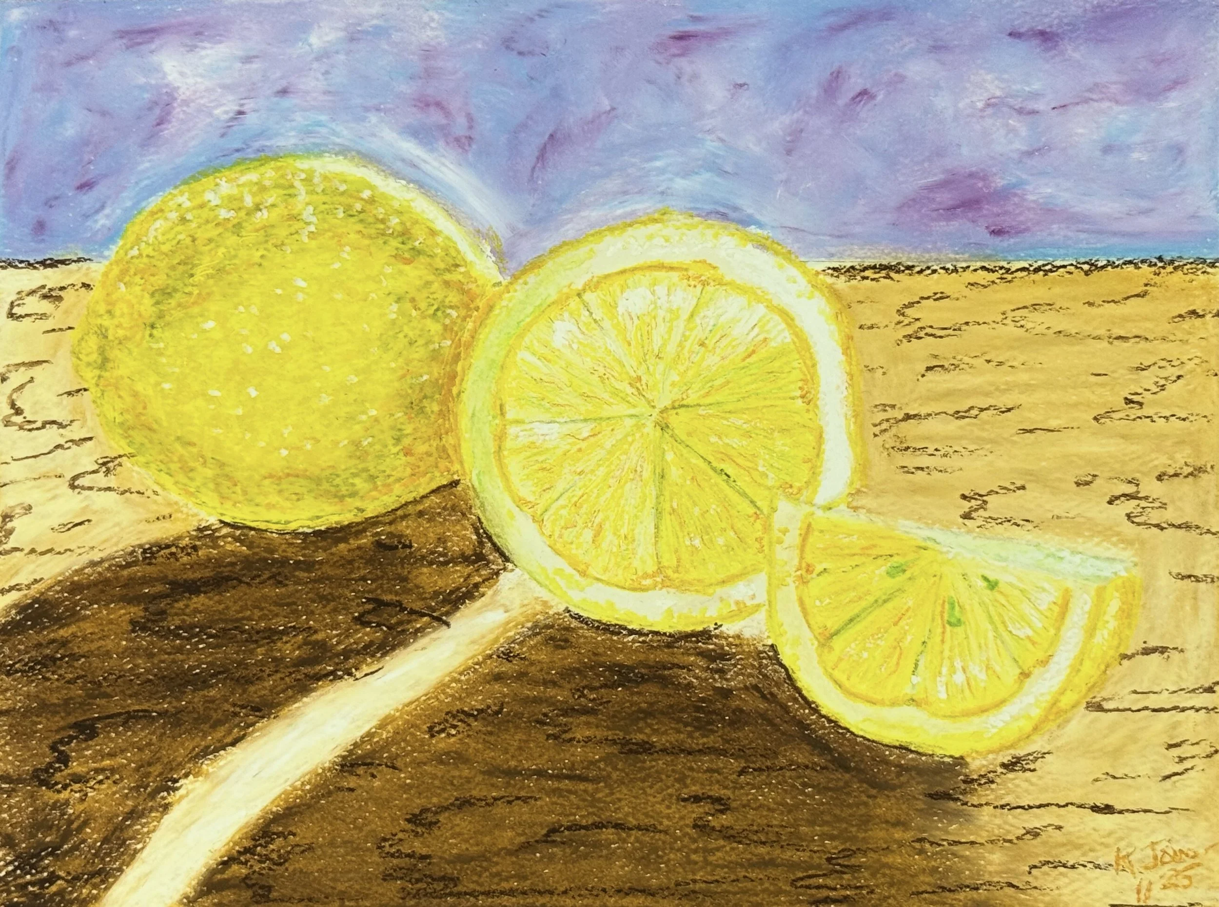 A painting featuring three yellow lemon slices on a brown surface with a pastel sky in the background.
