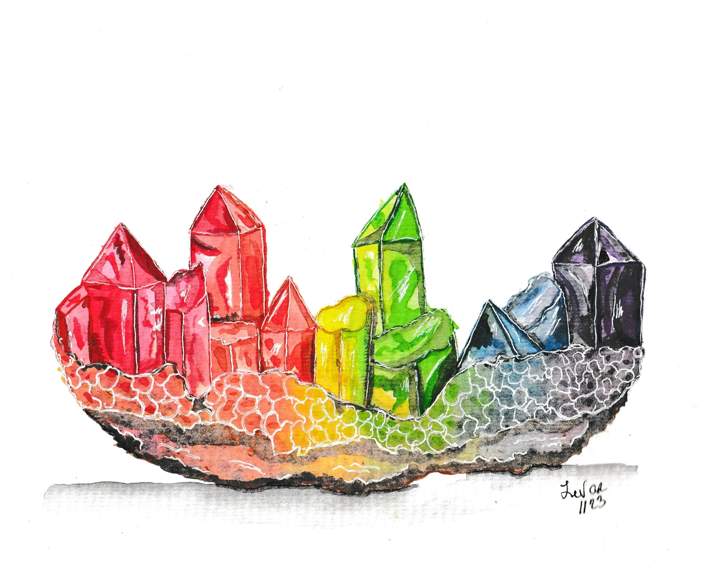 A colorful watercolor painting of various gemstone crystals, including red, green, black, and yellow, arranged on a textured surface with a signature and date in the bottom right corner.