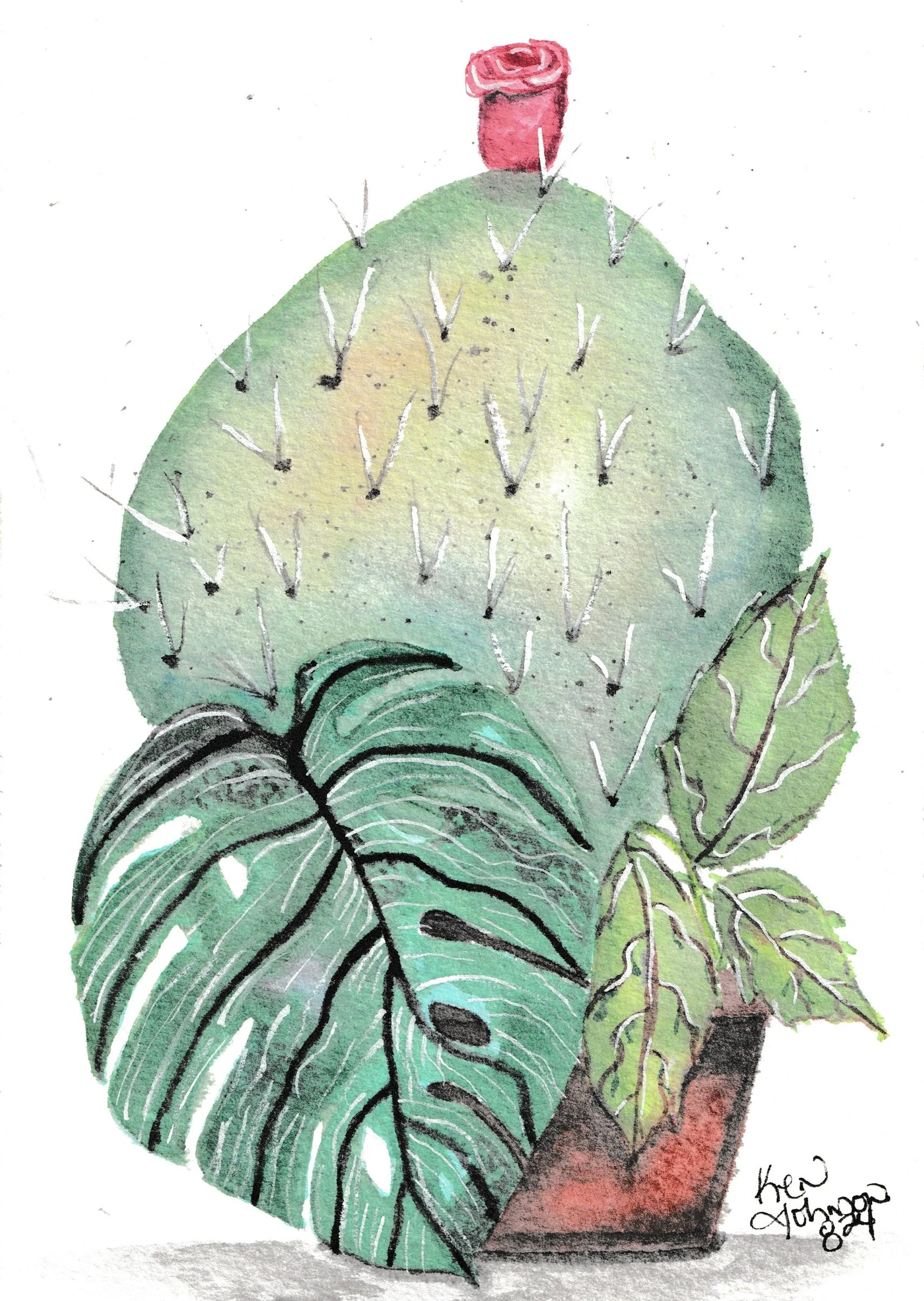 Watercolor painting of a green potted plant with large leaves, topped with a red rose, signed by Ken Young in the bottom right corner.