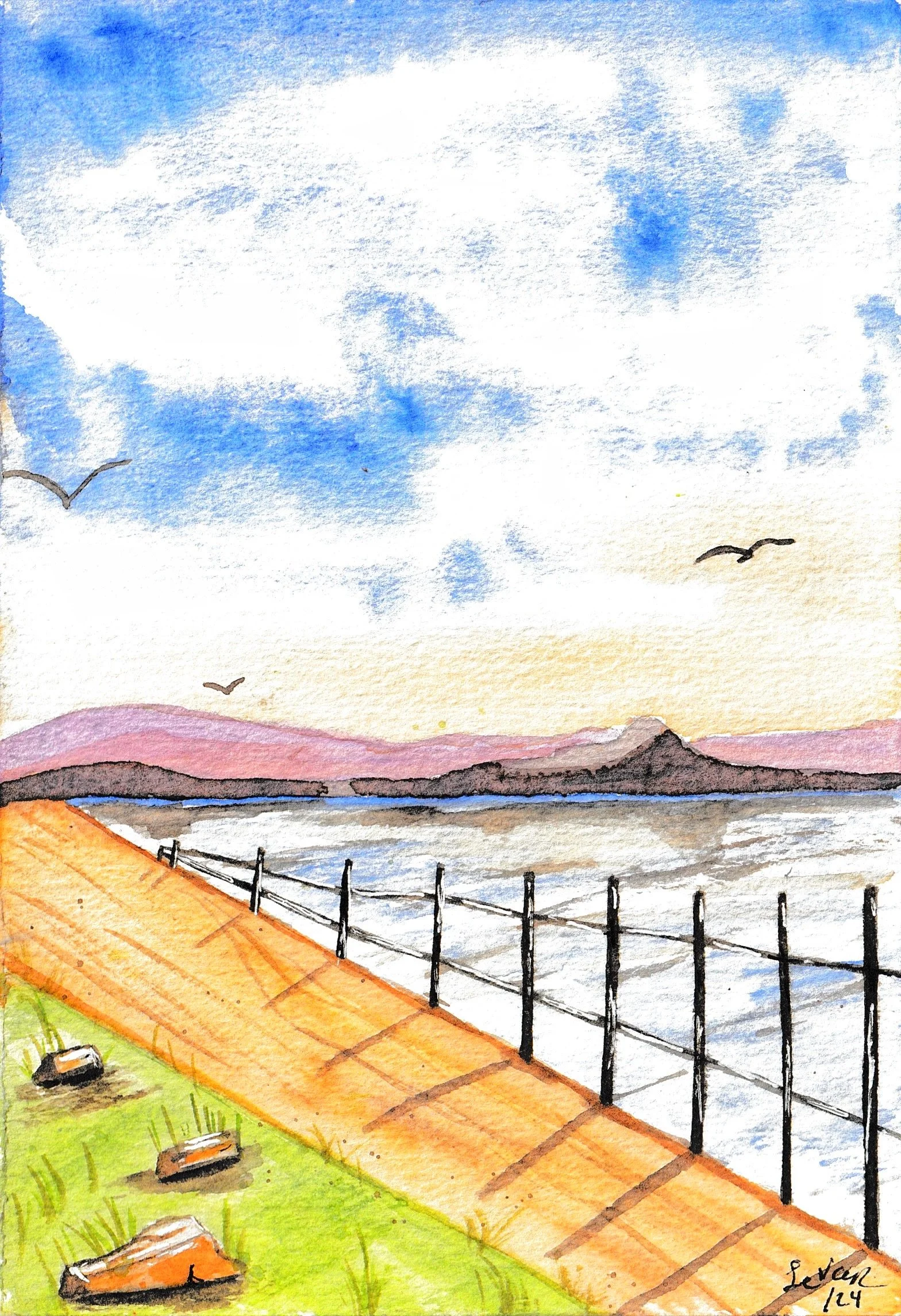 Watercolor painting of a coastal scene at sunset with a boardwalk, green grass, rocks, a fence, a beach, water, and purple mountains in the background under a blue and orange sky with clouds and seagulls flying.