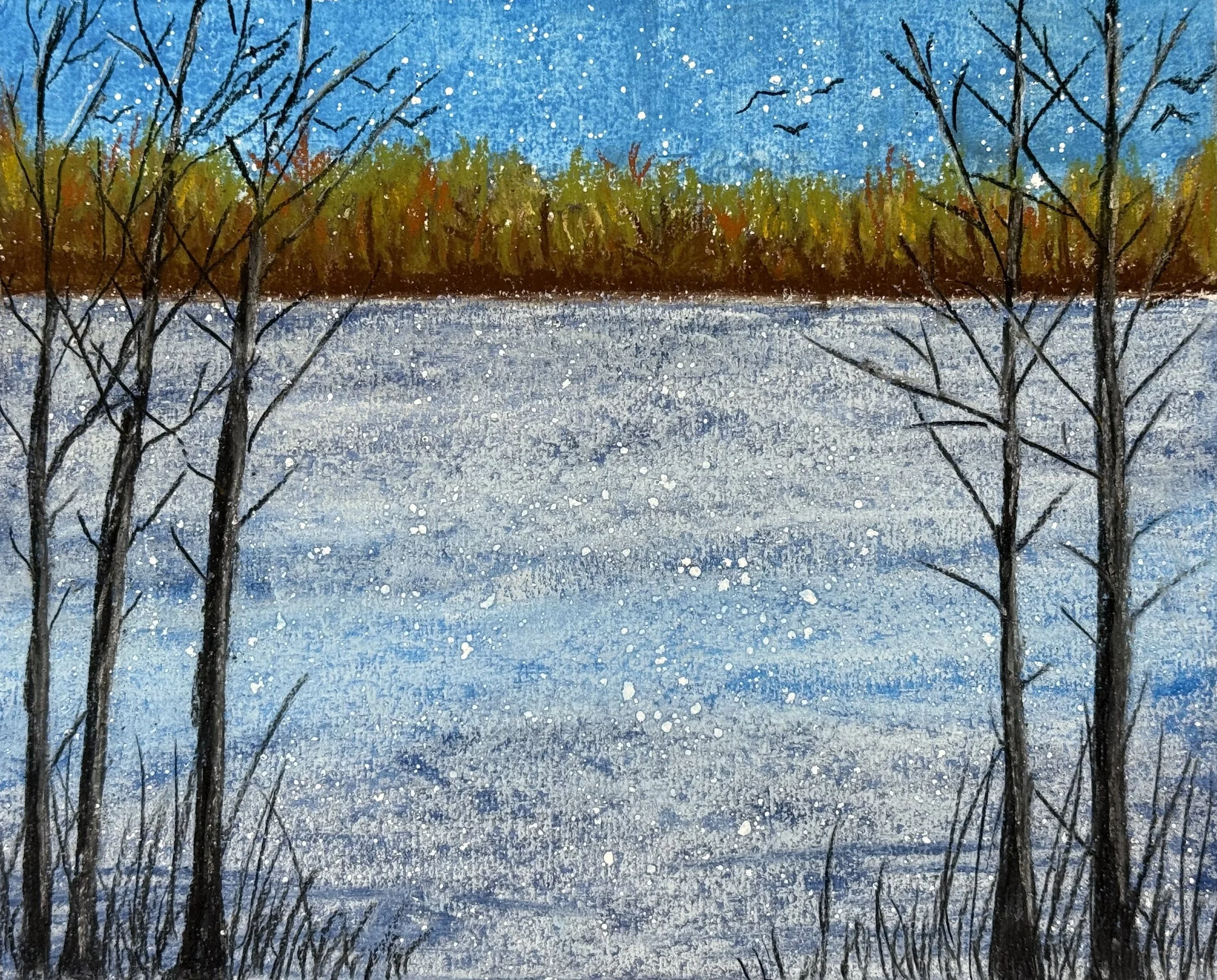 A winter scene painted with trees without leaves in the foreground, a snow-covered field, a line of colorful autumn trees in the middle, and a blue sky with falling snow and birds in the background.