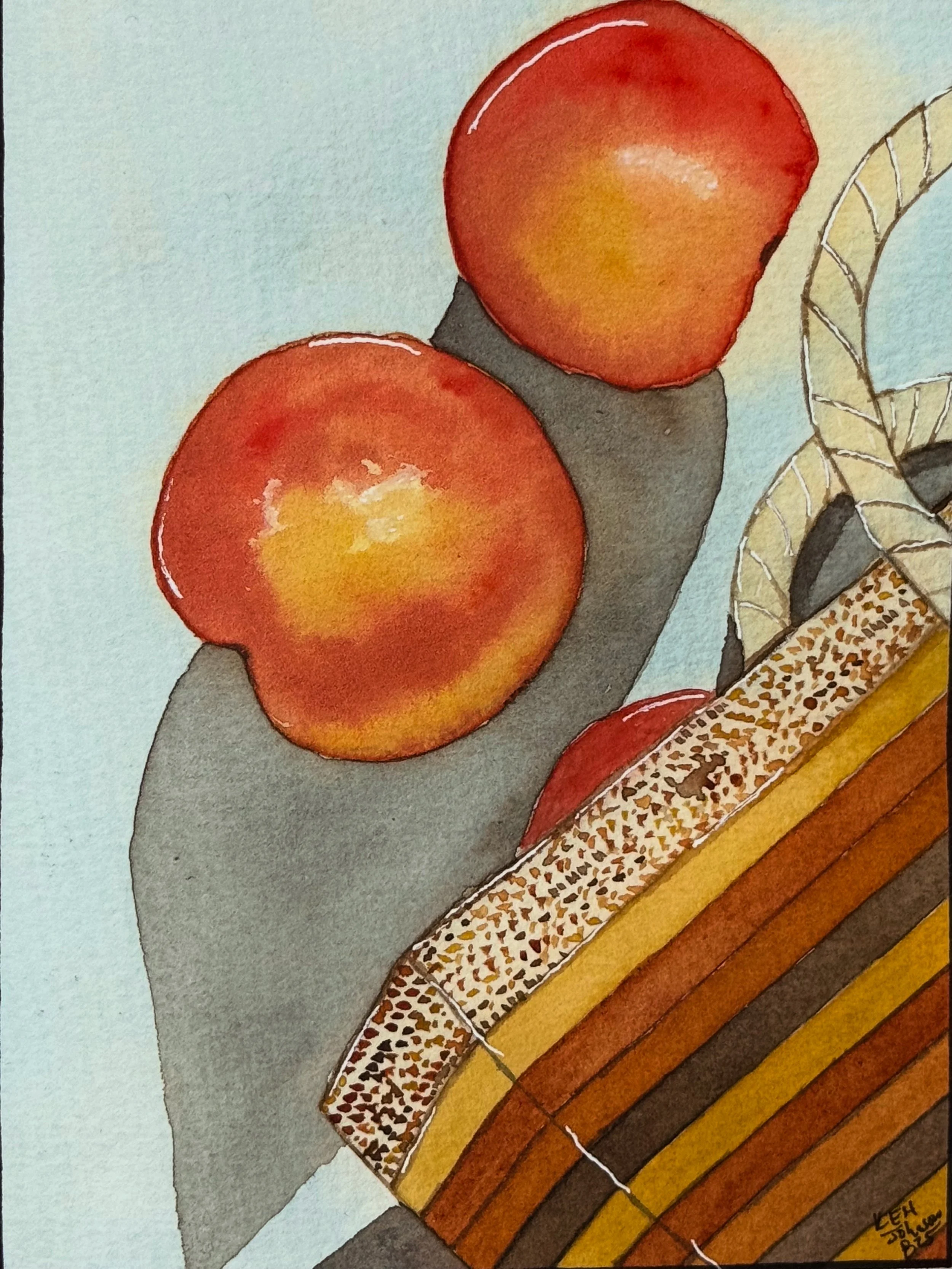 Watercolor painting of two peaches on a gray surface next to a layered, curved table or display with stripes of brown, orange, yellow, and black, and a speckled inner layer.