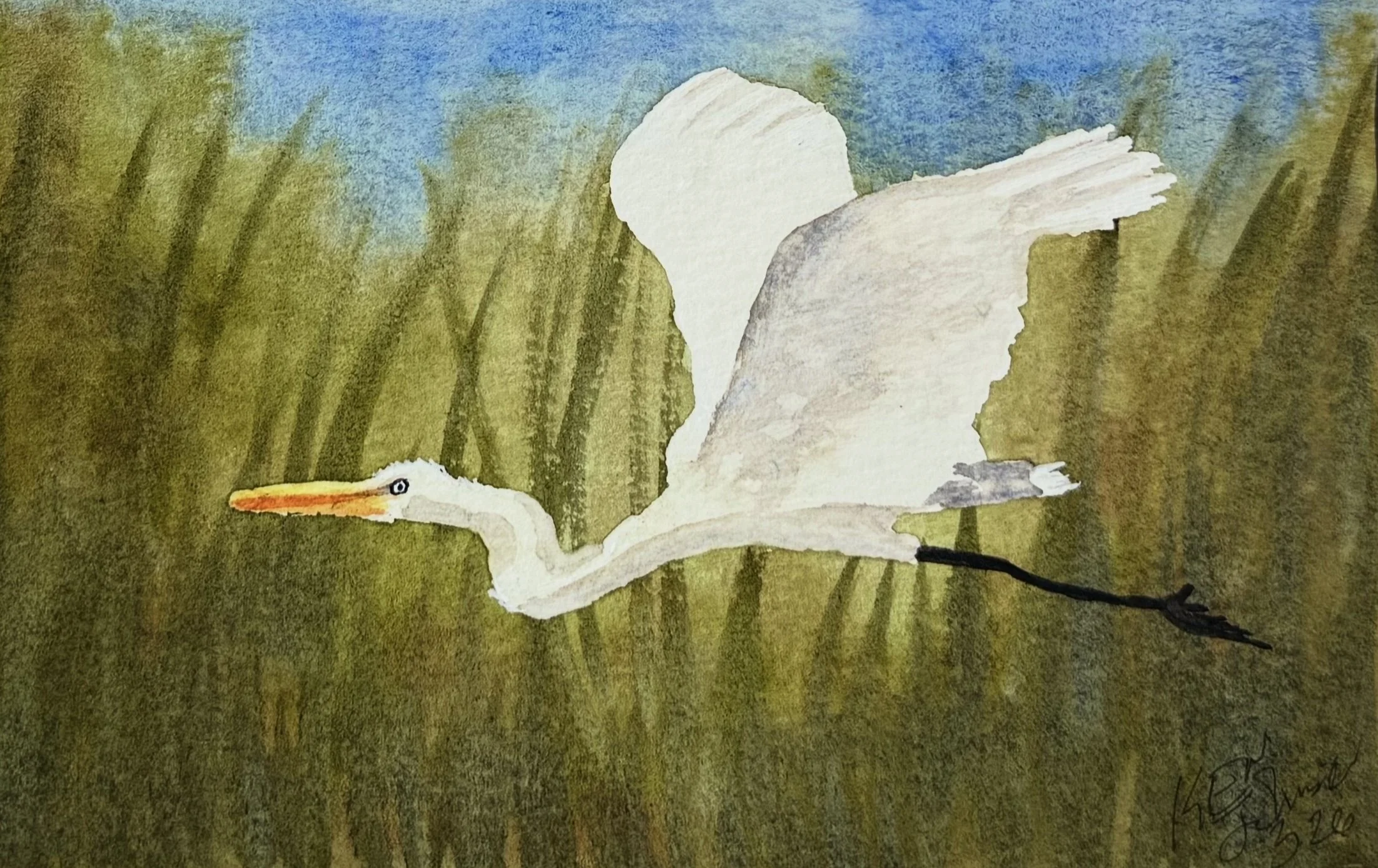 Watercolor painting of a white heron standing on one leg in a marsh, with green reeds and a blue sky background.