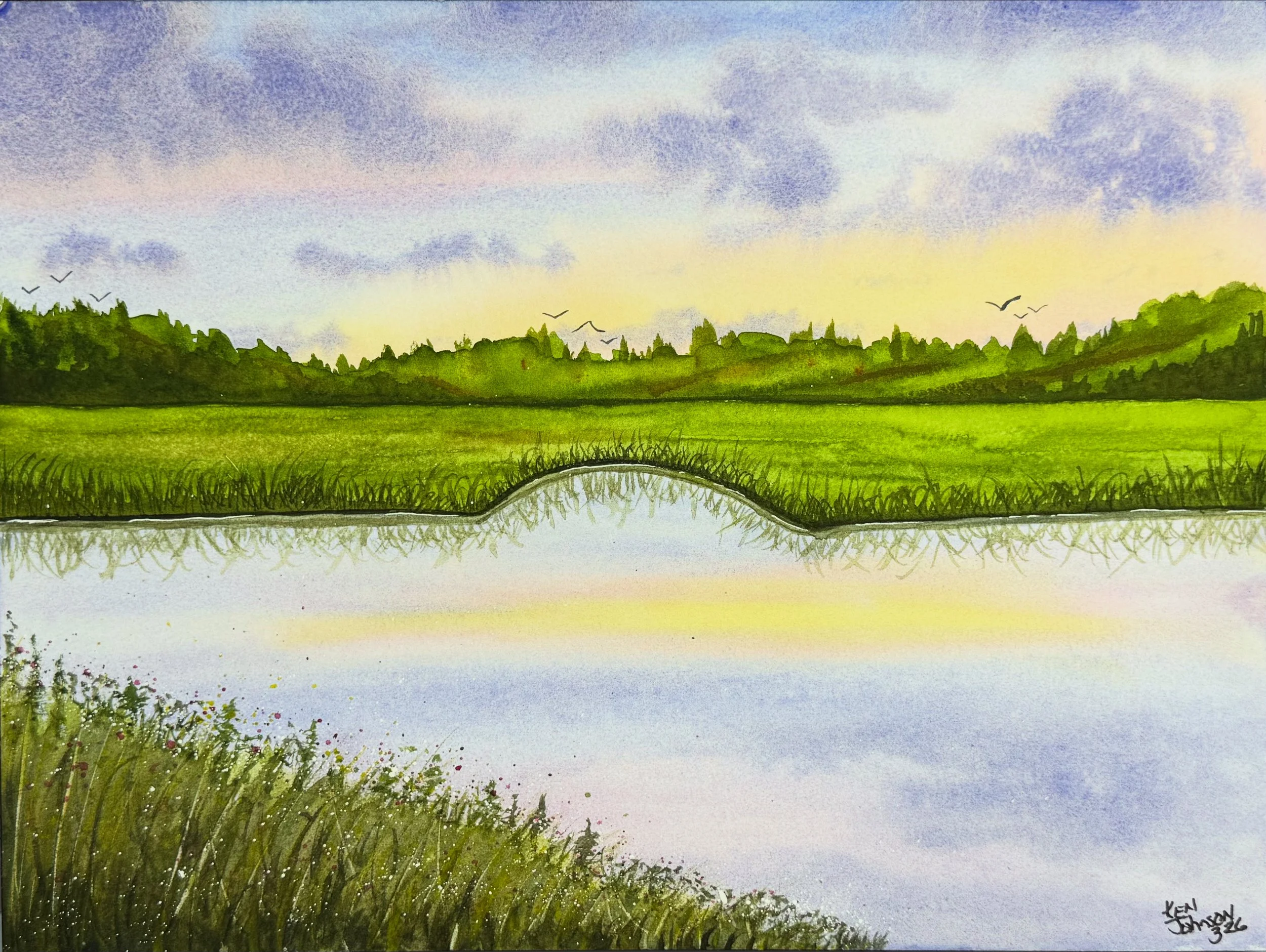A colorful watercolor painting of a landscape with a green field, a line of trees in the background, and a sky with clouds and a yellow setting sun. Birds are flying in the sky.