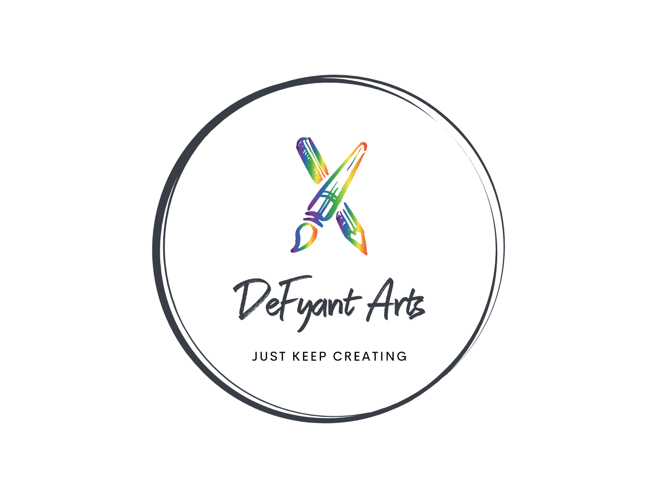 Logo for DeFynt Arts featuring three rainbow-colored paintbrushes crossing, with the text 'DeFynt Arts' and tagline 'Just Keep Creating' beneath.