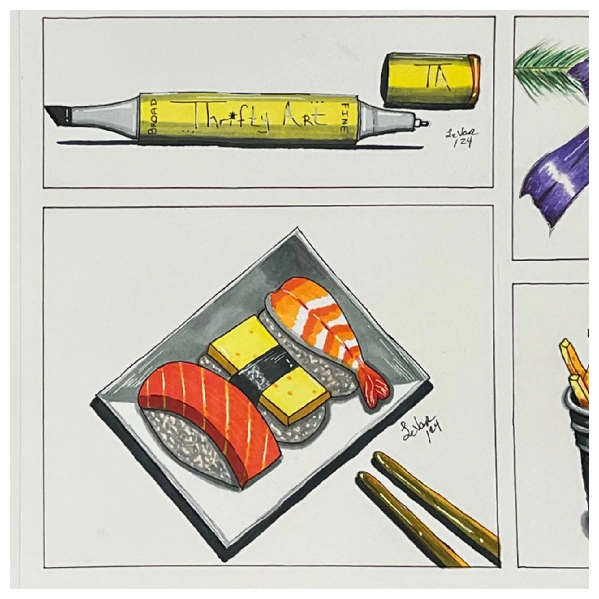 A colorful drawing of a black and gray sushi tray containing two pieces of salmon nigiri and a yellow piece of tamago, with three gold bullets next to it.