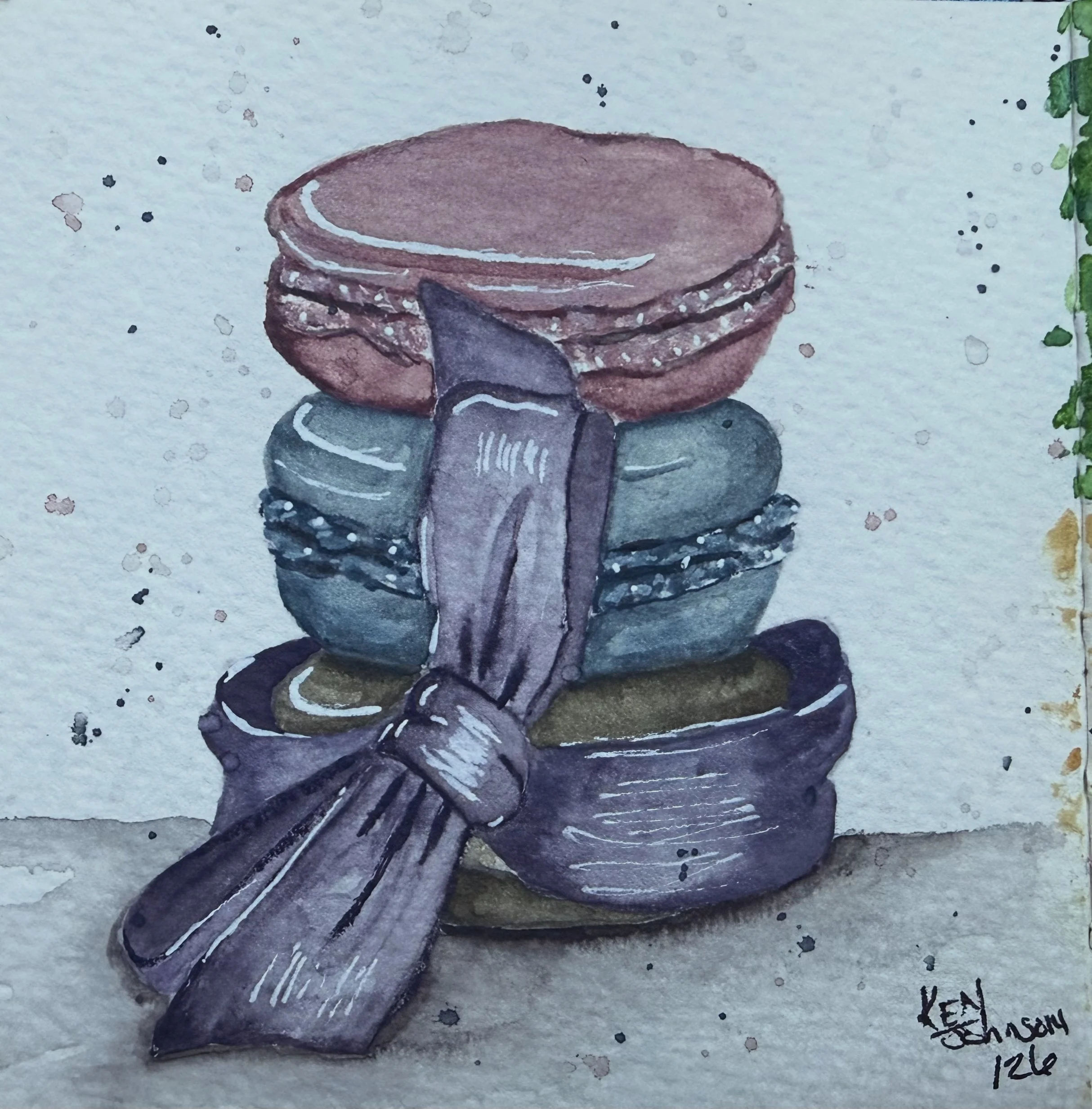 A watercolor painting of a purple flower with white accents and black leaves against a light background with ink splatters.