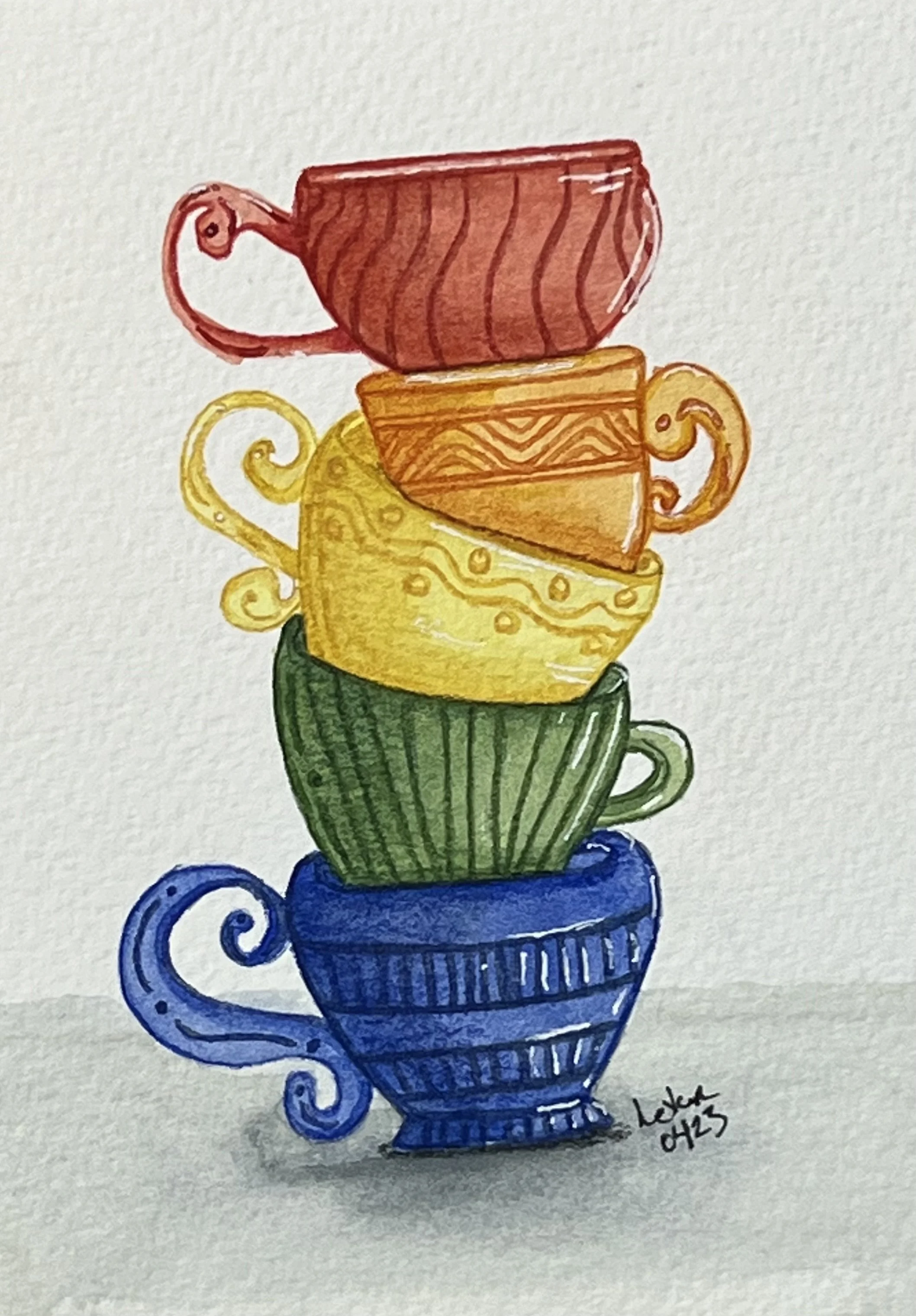 Colorful illustration of stacked teacups in different colors and patterns, with a small bird sitting on the top cup.