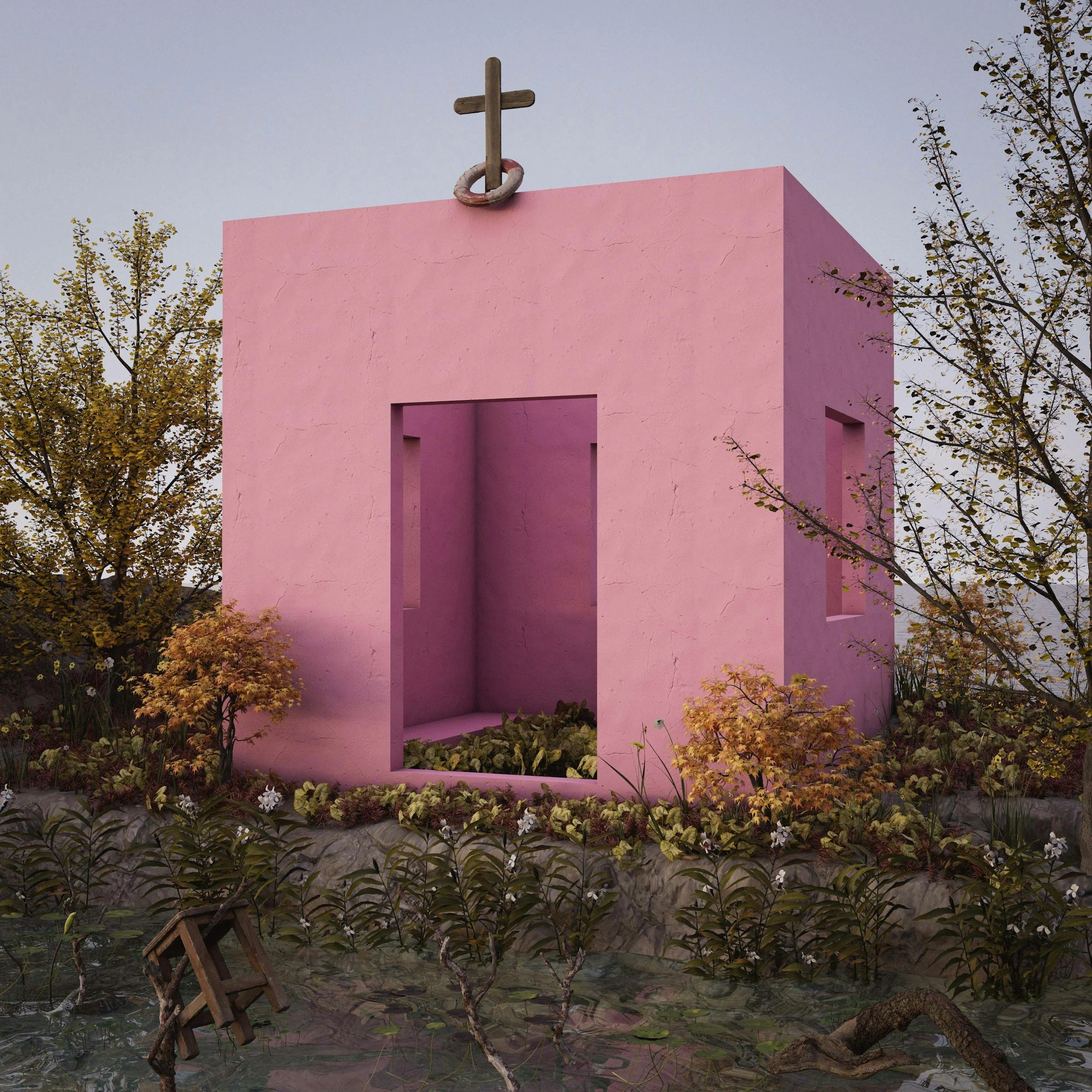 Pink structure with a wooden cross and a noose at the top, surrounded by trees with autumn leaves and flowers near a body of water.