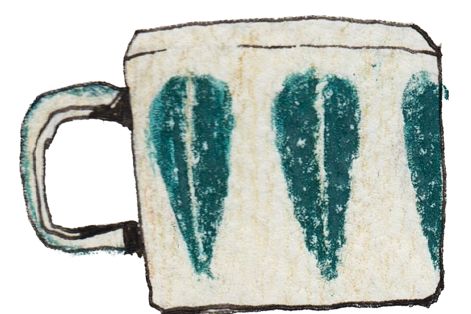 Drawing of a ceramic mug with a beige background and green leaf patterns.