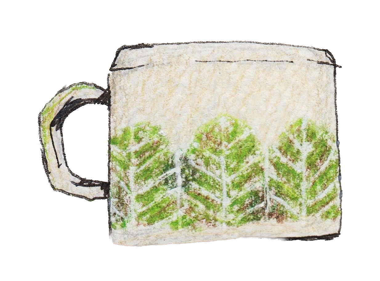 Drawing of a tea mug with a design of three green trees on the side.