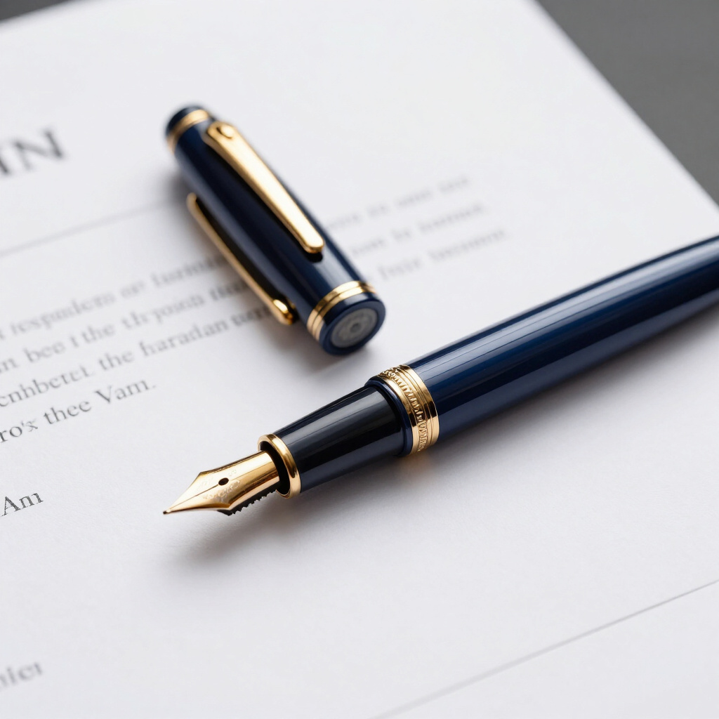 Close-up of a black and gold fountain pen resting on a document with printed text.
